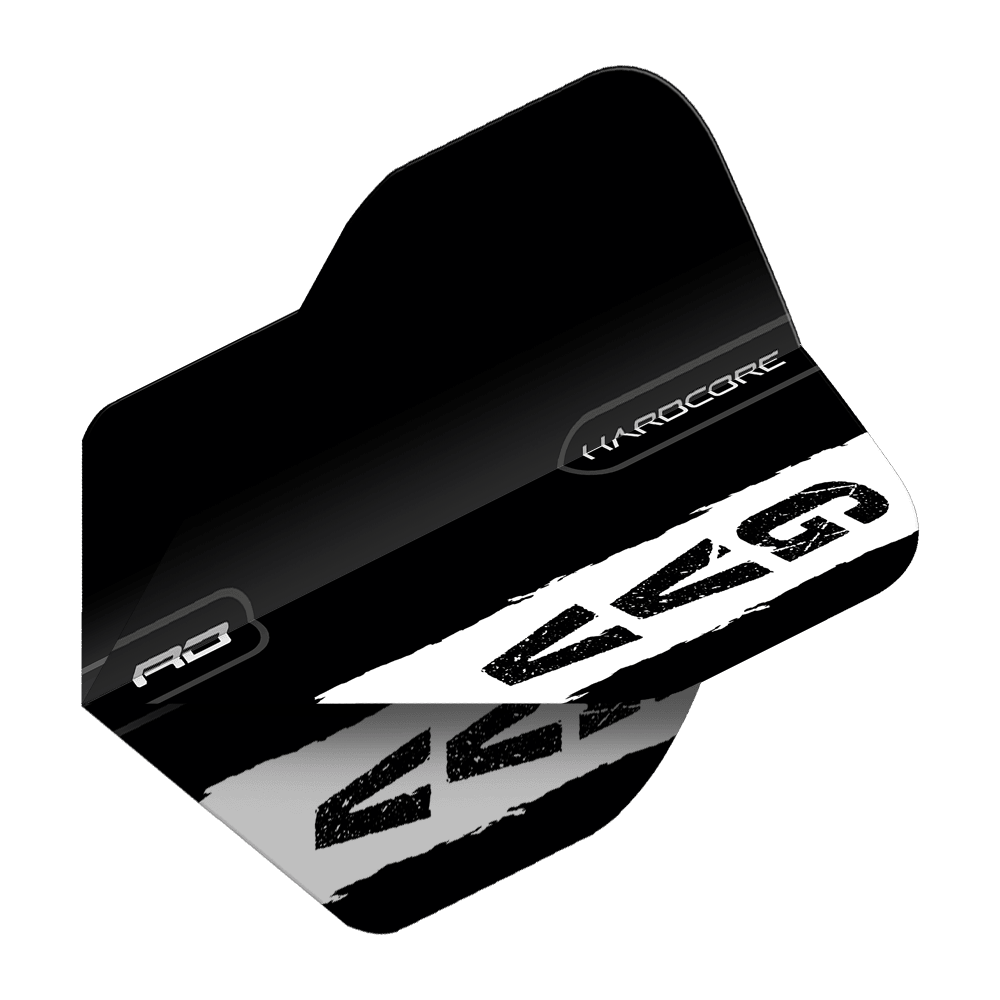 Das Bild zeigt einen schwarzen Dartflight mit dem weißen Logo "GVG" und dem Schriftzug "Hardcore". Es handelt sich um das Produkt "Red Dragon Hardcore Gian Van Veen Black Logo Standard Flights".