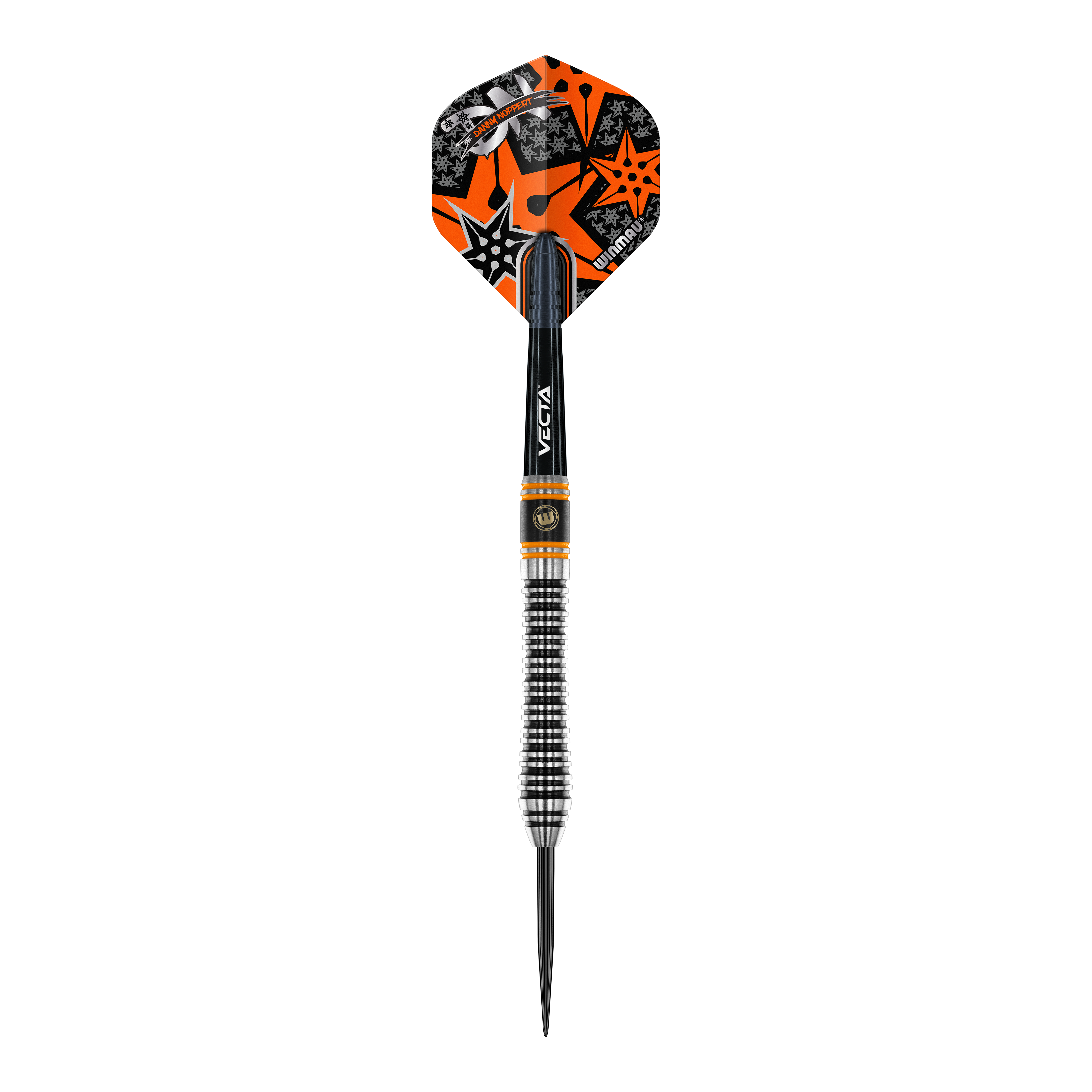 Winmau Danny Noppert Signature Edition 2 steel darts Dies ist ein Winmau Danny Noppert Signature Edition 2 Steeldart. Der Dart hat ein auffälliges schwarzes, silbernes und orangefarbenes Design mit Sternmotiven auf dem Flight.