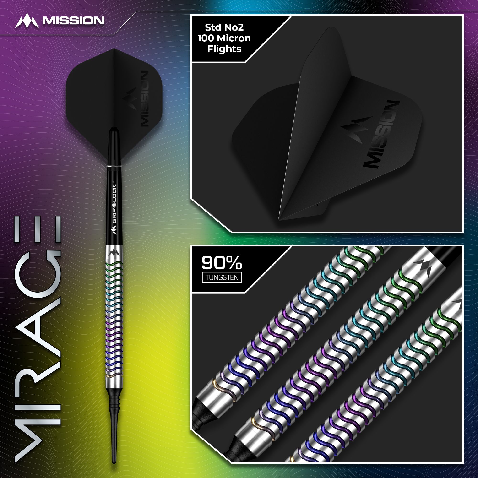 Mission Mirage soft darts - 20g Auf diesem Bild sieht man die Mission Mirage Softdarts - 20g. Die Darts sind gut erkennbar dargestellt.