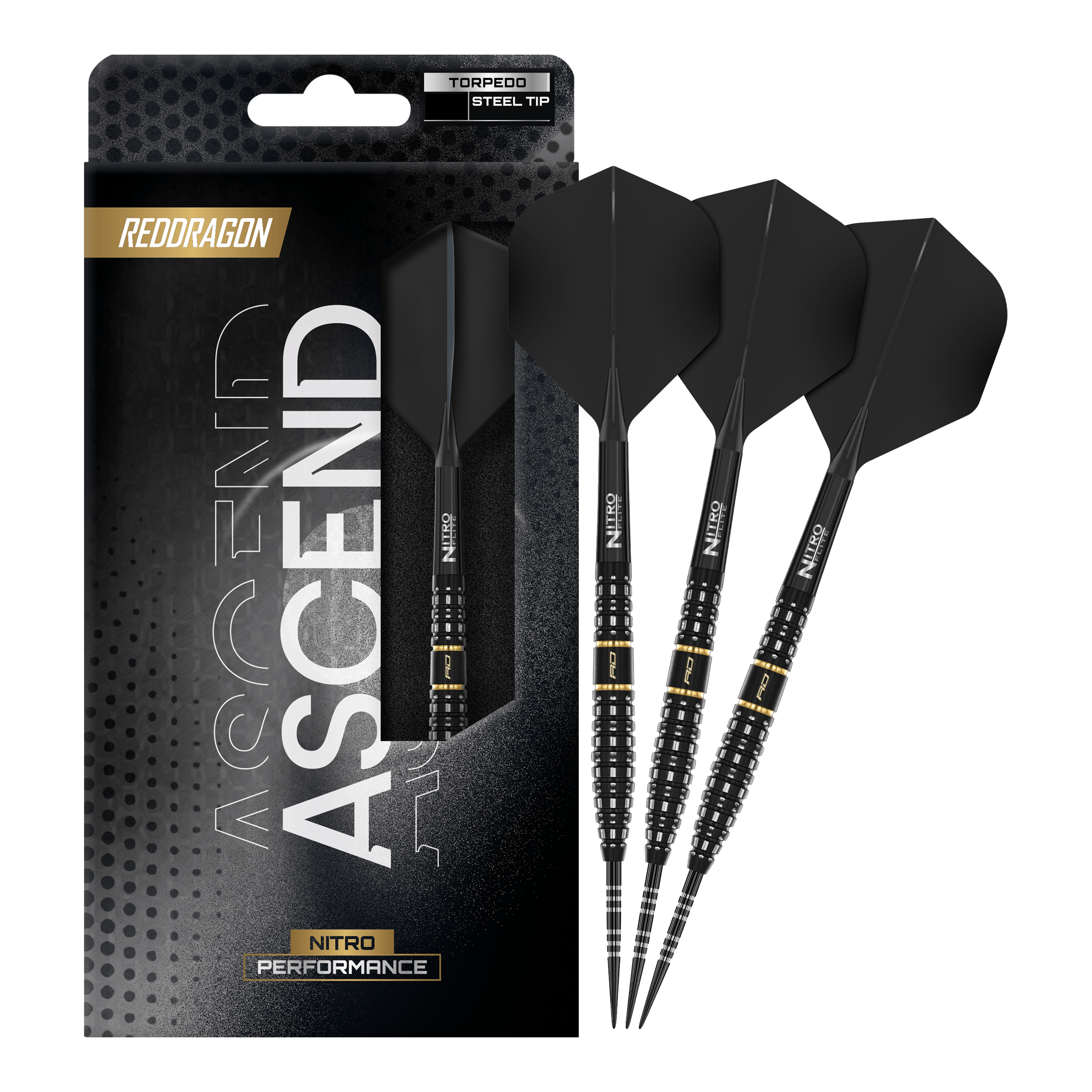 Red Dragon Ascend Torpedo Steel Darts Zu sehen ist das komplette Set der Red Dragon Ascend Torpedo Steeldarts. Die Aufnahme zeigt alle enthaltenen Komponenten des Produkts.