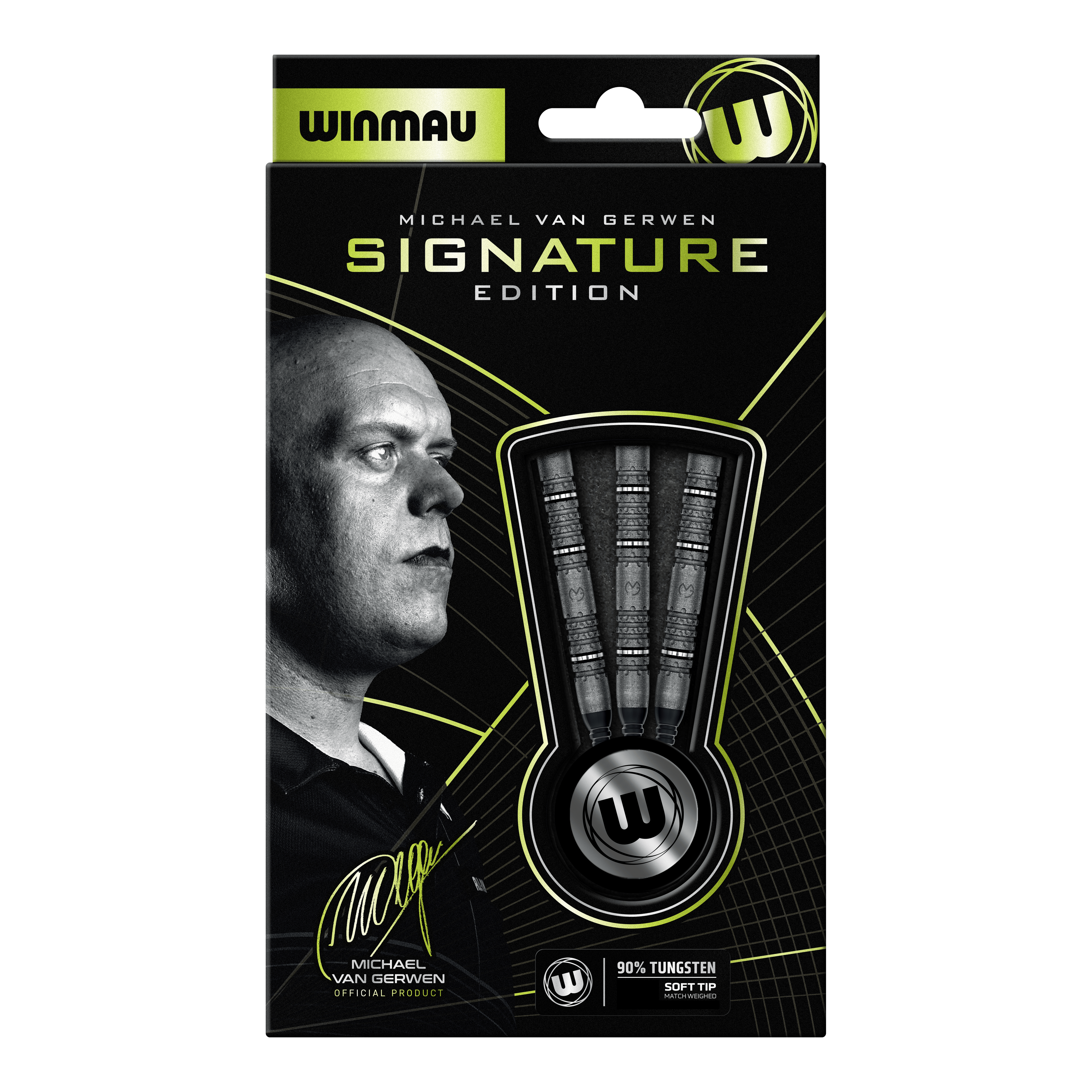 Abgebildet sind die Winmau Michael Van Gerwen Signature Edition Softdarts mit 20g Gewicht. Die Aufnahme zeigt drei einzelne Softdarts.