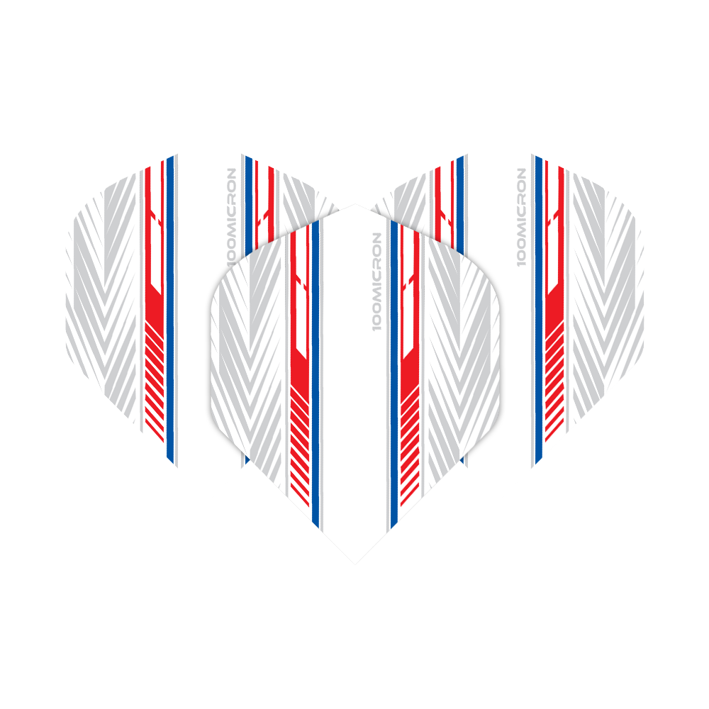 Pentathlon Flights white/red/blue Das Bild zeigt die "Pentathlon White Red Blue No2 Standard Flights". Die Flights sind überwiegend weiß mit roten, blauen und grauen Linienmustern.