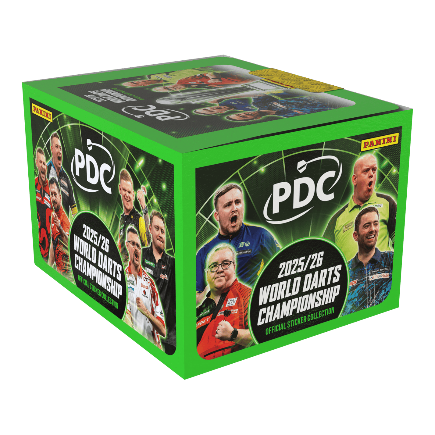 Panini PDC World Darts Championship 2025/26 - Hardcover Bundle with a sticker box Zu sehen ist das Panini PDC World Darts Championship 2025/26 Hardcover Bundle mit einer Stickerbox. Es beinhaltet ein hochwertiges Album mit einer Box Sticker zur WM.