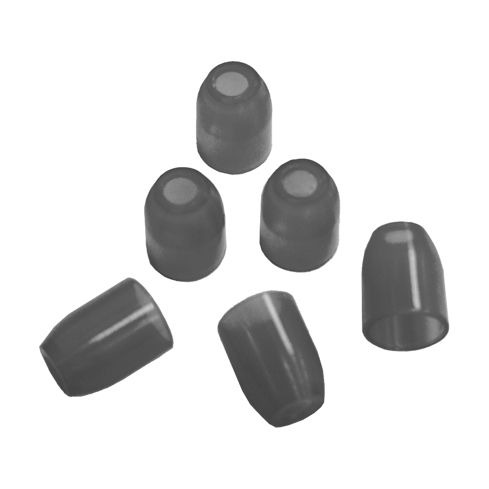 LSF10_L-Style_Champagne-Ringe_ClearBlack_1 Das Bild zeigt fünf kleine, zylindrische Gummikappen in schwarzer Farbe. Sie sind gleichmäßig auf einer ebenen Fläche angeordnet.