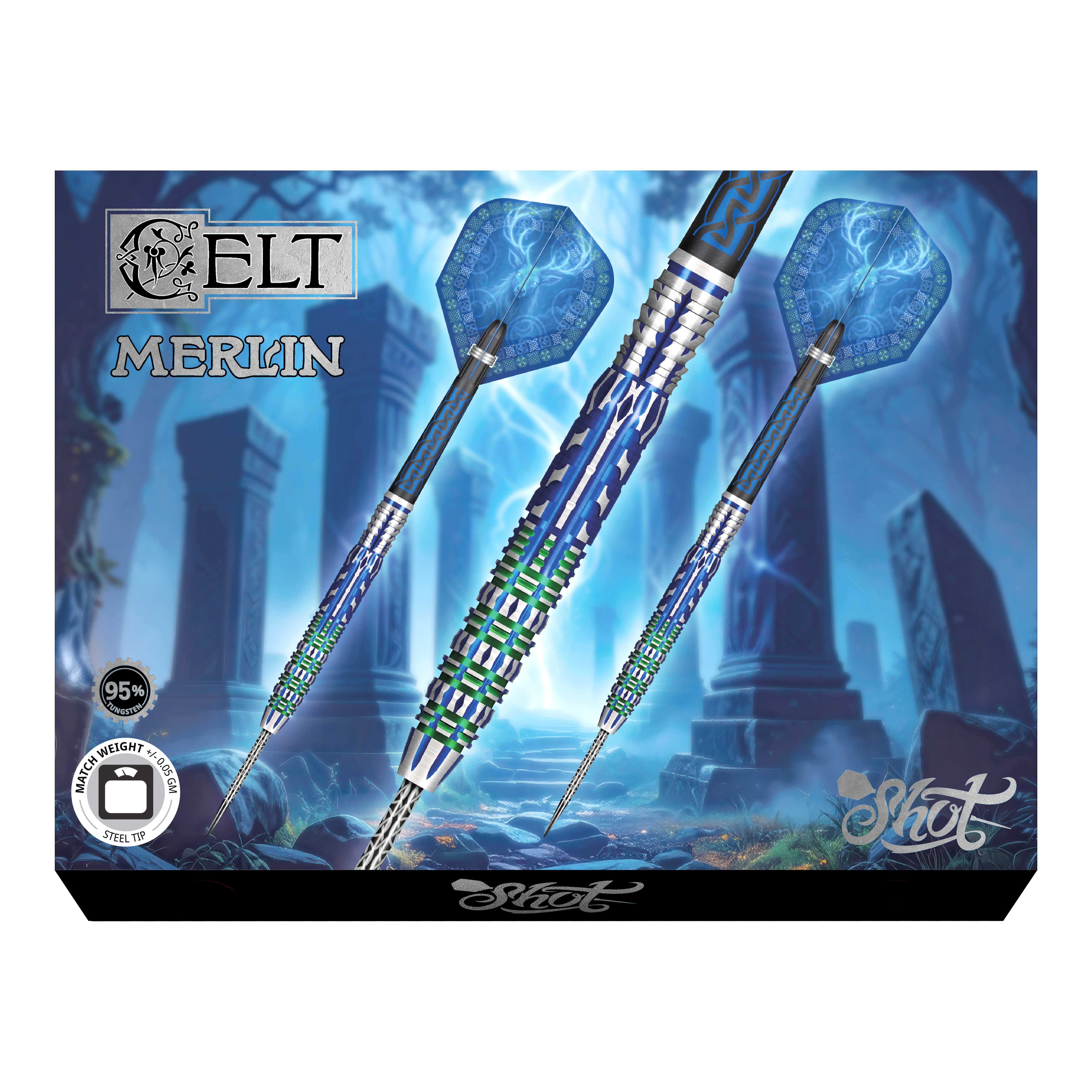 Das Foto zeigt die Shot Celt Merlin Steeldarts aus einer anderen Perspektive. Sie sind aus hochwertigem Material gefertigt.
