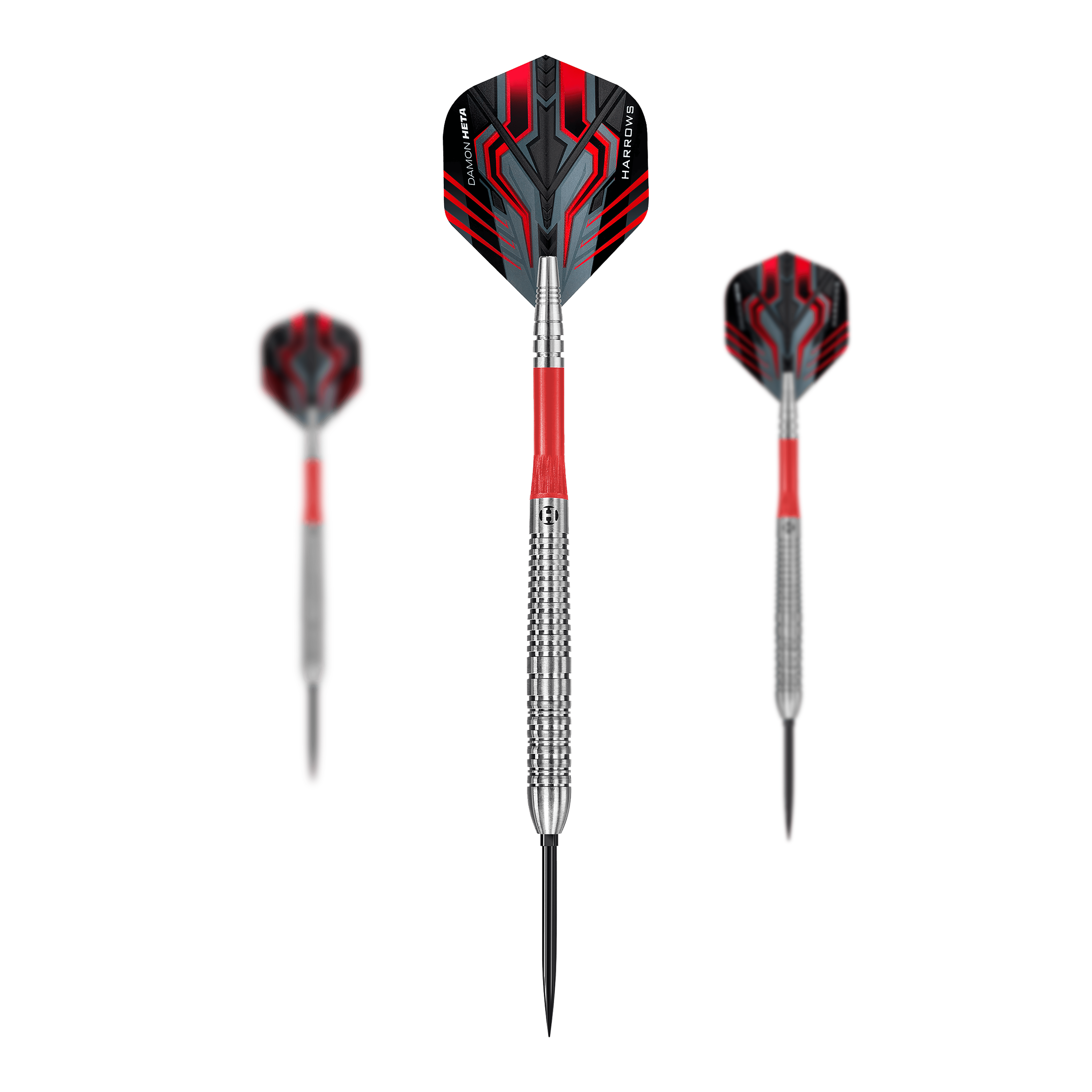 Das Bild zeigt einen Harrows Damon Heta Natural Quick Point Steeldart. Es handelt sich um einen hochwertigen Dartpfeil für präzises Werfen.