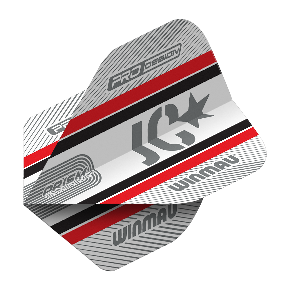 Winmau Alpha Joe Cullen Cullen 85 Standard Flights Das Bild zeigt die Winmau Alpha Joe Cullen 85 Standard Flights für Darts. Das Design ist in Silber, Rot, Schwarz und Weiß gehalten und trägt die Logos "Winmau" und "JC".