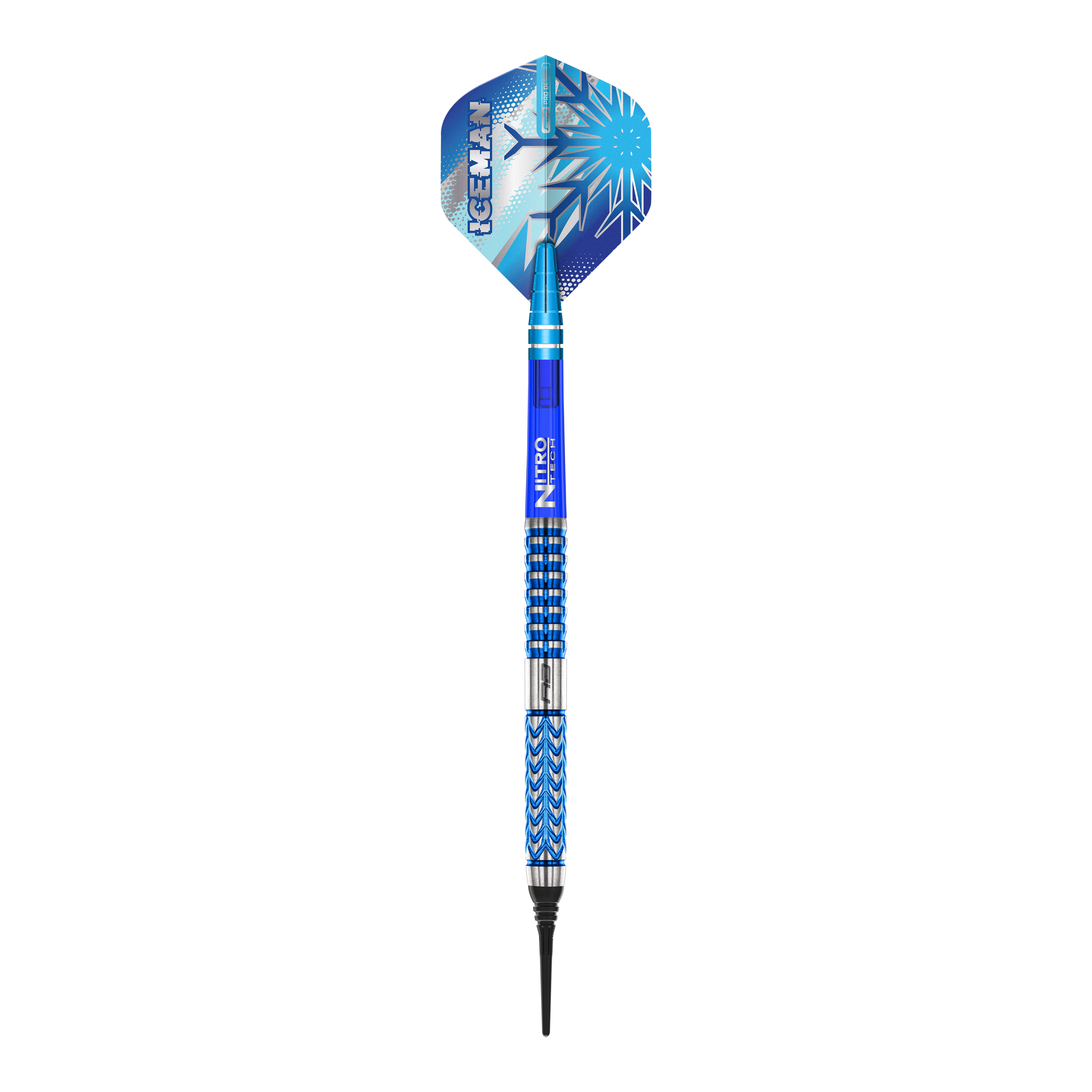 Red Dragon Gerwyn Price Glacier Softdarts - 18g Dieses Bild zeigt den Red Dragon Gerwyn Price Glacier Softdart mit einem Gewicht von 18g. Der Dart hat ein auffälliges blaues Design mit eisigen Mustern und dem Schriftzug "ICEMAN" auf der Flights.
