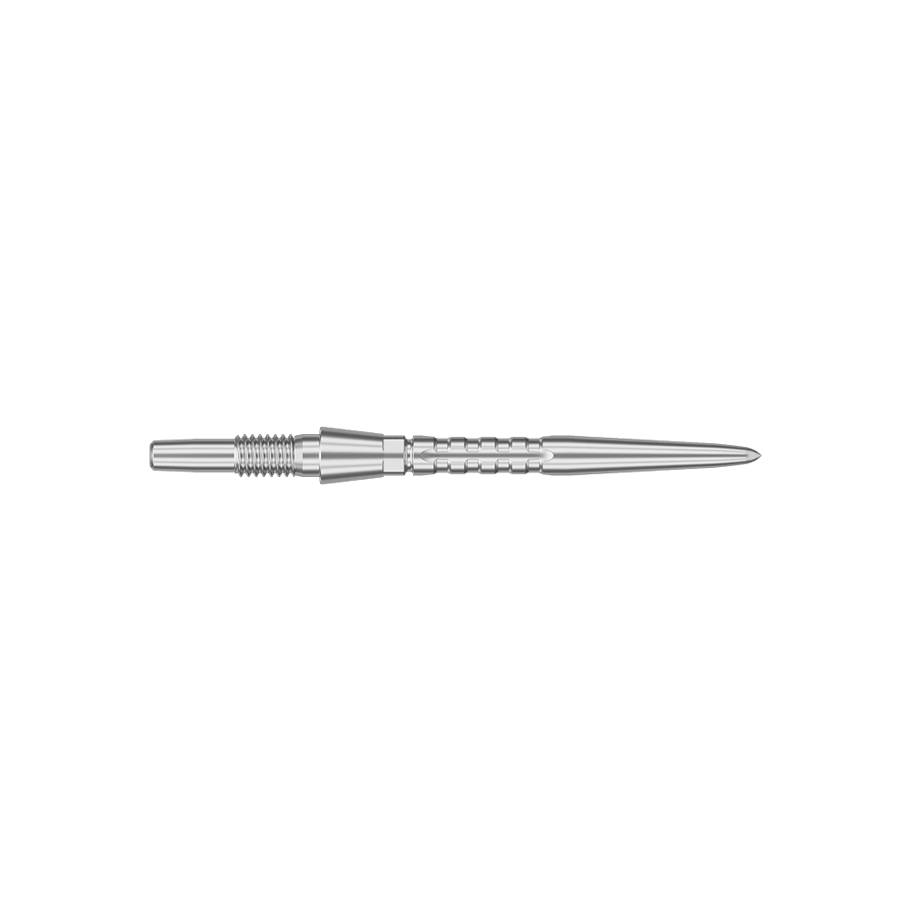 Target Swiss Point Storm Surge steel dart tips - silver Das Bild zeigt eine silberne Steeldartspitze mit feinen Rillen und einem spitzen Ende. Die Spitze ist schlank und hat eine Länge von 26 mm.