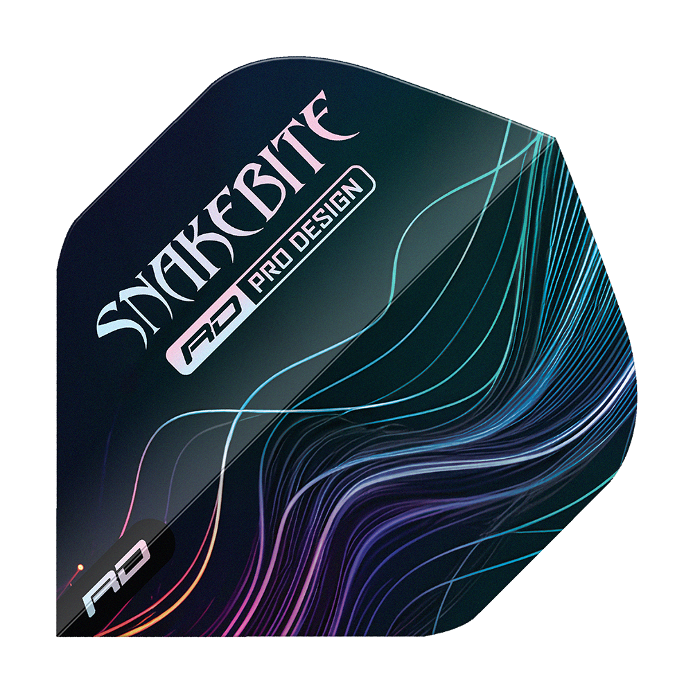 Red Dragon Hardcore Peter Wright Multi No2 Standard Flights Das Bild zeigt ein Dart-Flight mit dem Aufdruck "SNAKEBITE" und "RD PRO DESIGN". Auf dem Flight sind bunte Linien auf dunklem Hintergrund zu sehen.