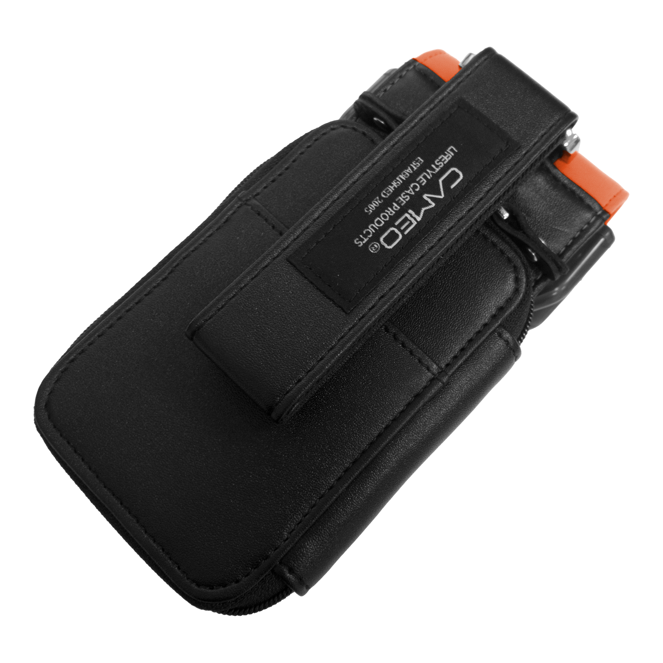 Dies ist ein schwarzes Dart-Etui mit orangefarbenen Akzenten. Auf der Vorderseite befindet sich ein Aufnäher mit dem Markennamen "CAMEO".