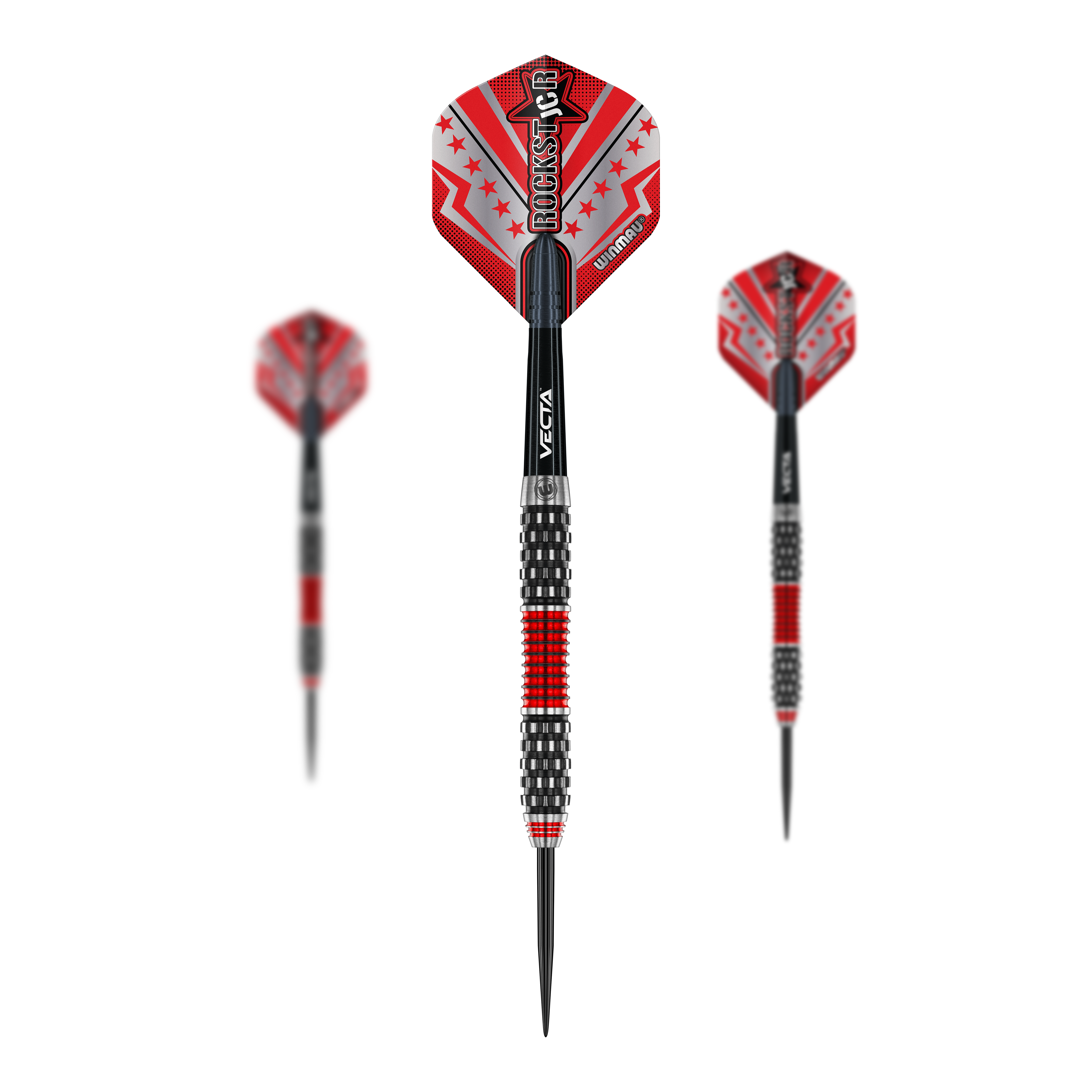 Winmau Joe Cullen Rockstar Series RS1 steel darts Das Bild zeigt drei Steeldarts der Marke Winmau Joe Cullen Rockstar Series RS1. Die Darts haben rote und schwarze Flights mit dem Schriftzug "Rockstar" und ein auffälliges, farbiges Griffdesign.