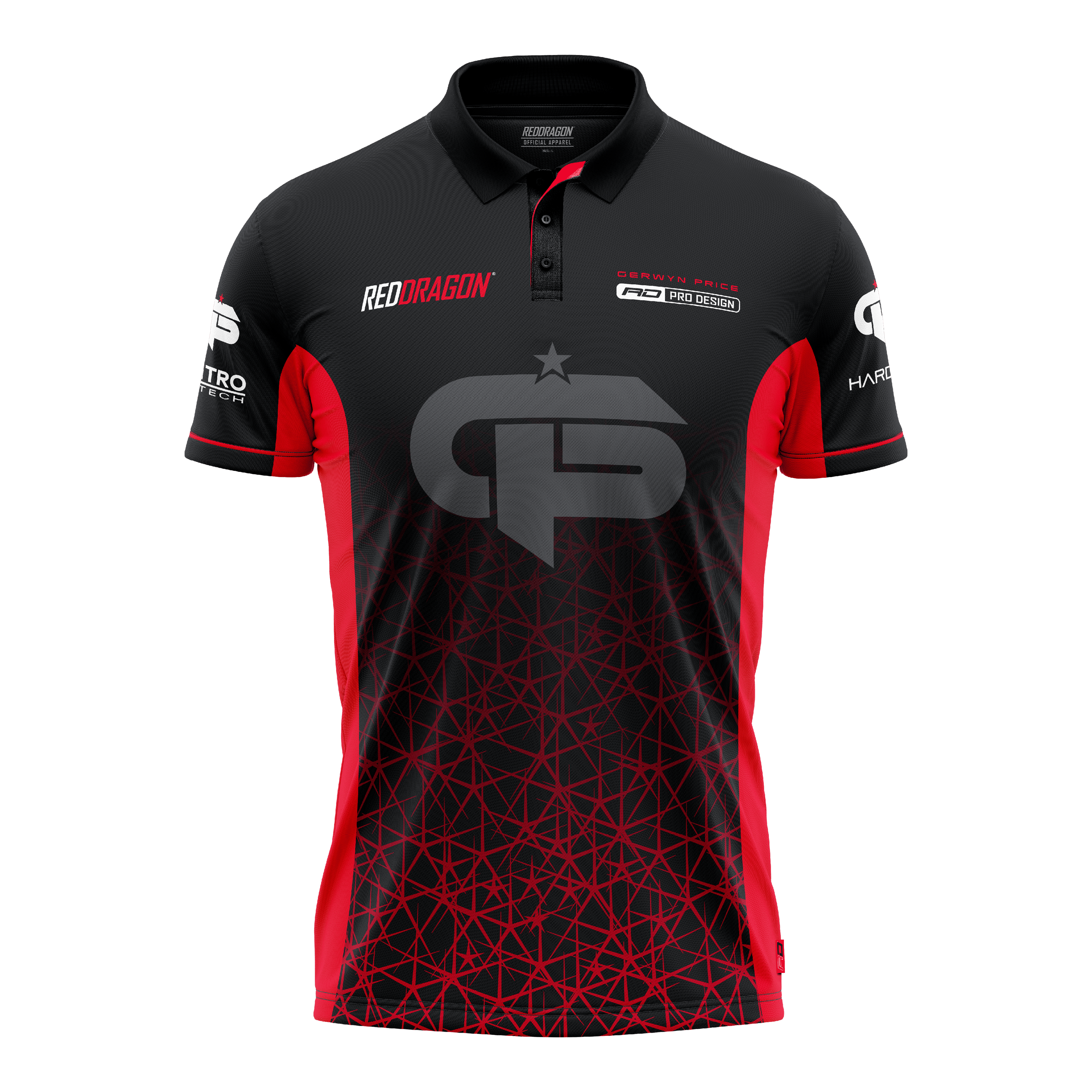 Red Dragon Gerwyn Price Red Tour Polo Dart Shirt Das Bild zeigt ein schwarzes und rotes Dartshirt mit dem Namen "Red Dragon Gerwyn Price Red Tour Polo Dartshirt". Auf der Vorderseite sind Logos und ein großes GP-Emblem zu sehen.