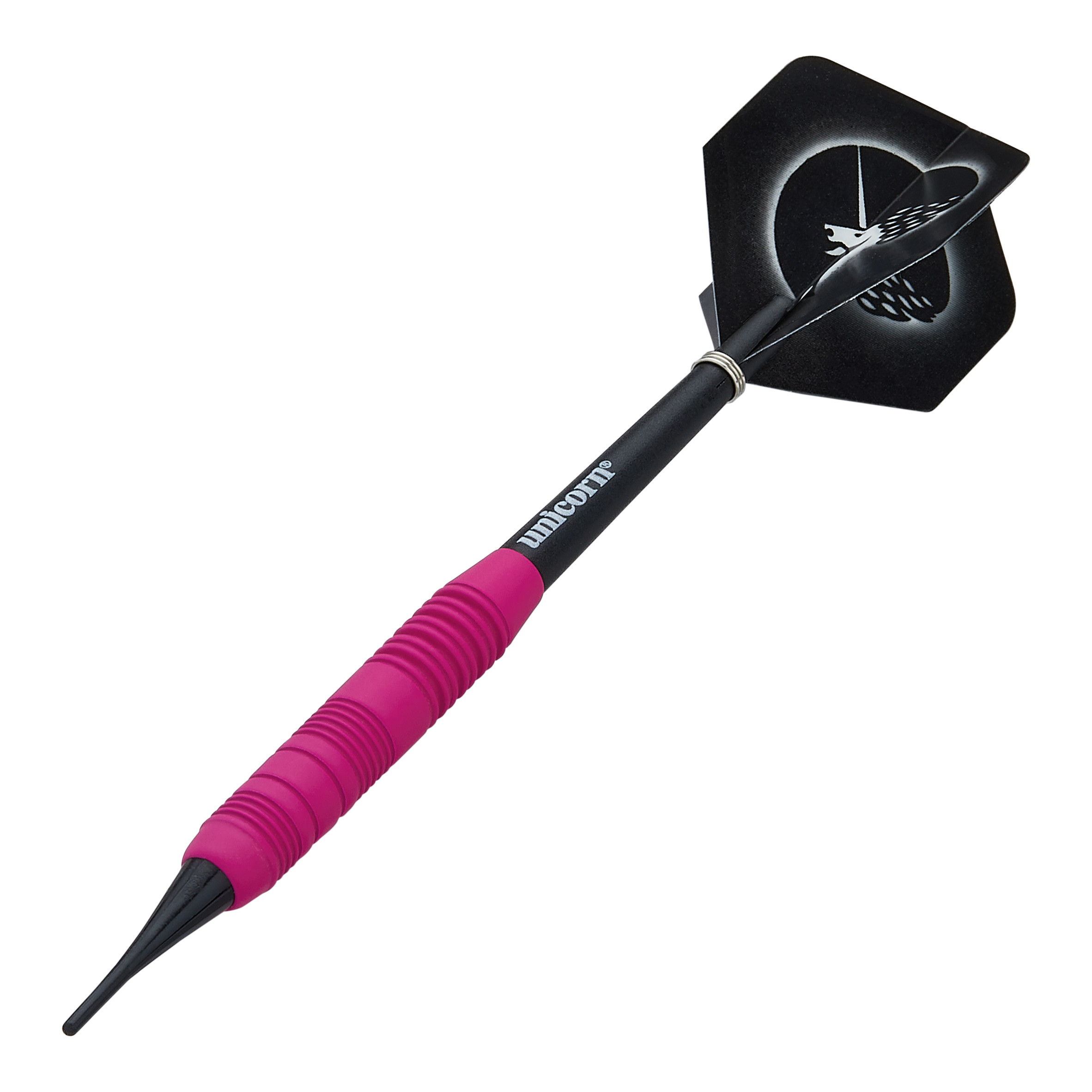 Das Bild zeigt einen pinken, gummierten Softdart namens "Unicorn Core Plus" mit einem Gewicht von 19g. Der Dartpfeil hat einen schwarzen Schaft und Flights mit einem Einhorn-Design.