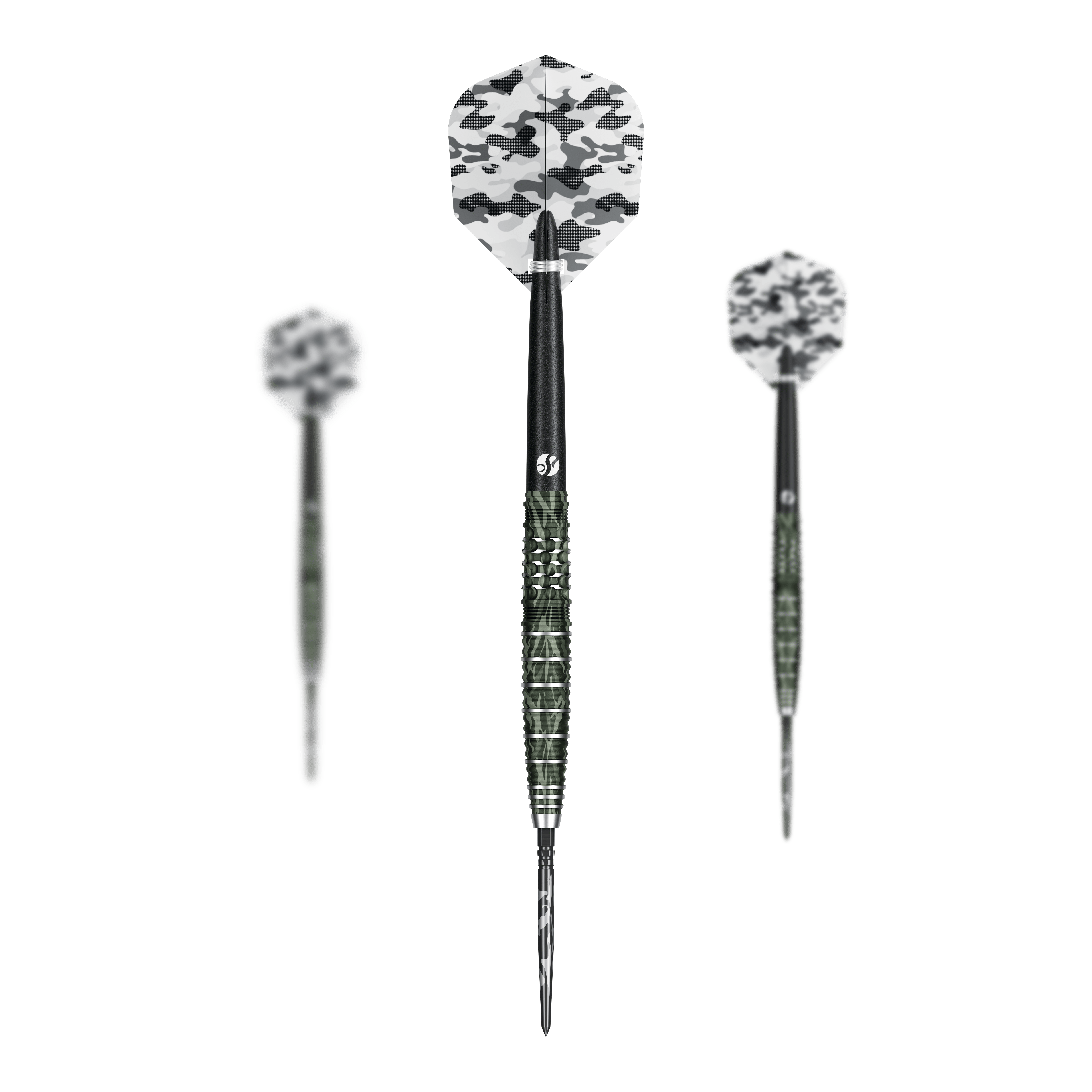 Shot Camo Ghillie Turbo Point Steeldarts 23 Gramm im Set werden gezeigt. Die Darts haben ein spezielles Tarnmuster.