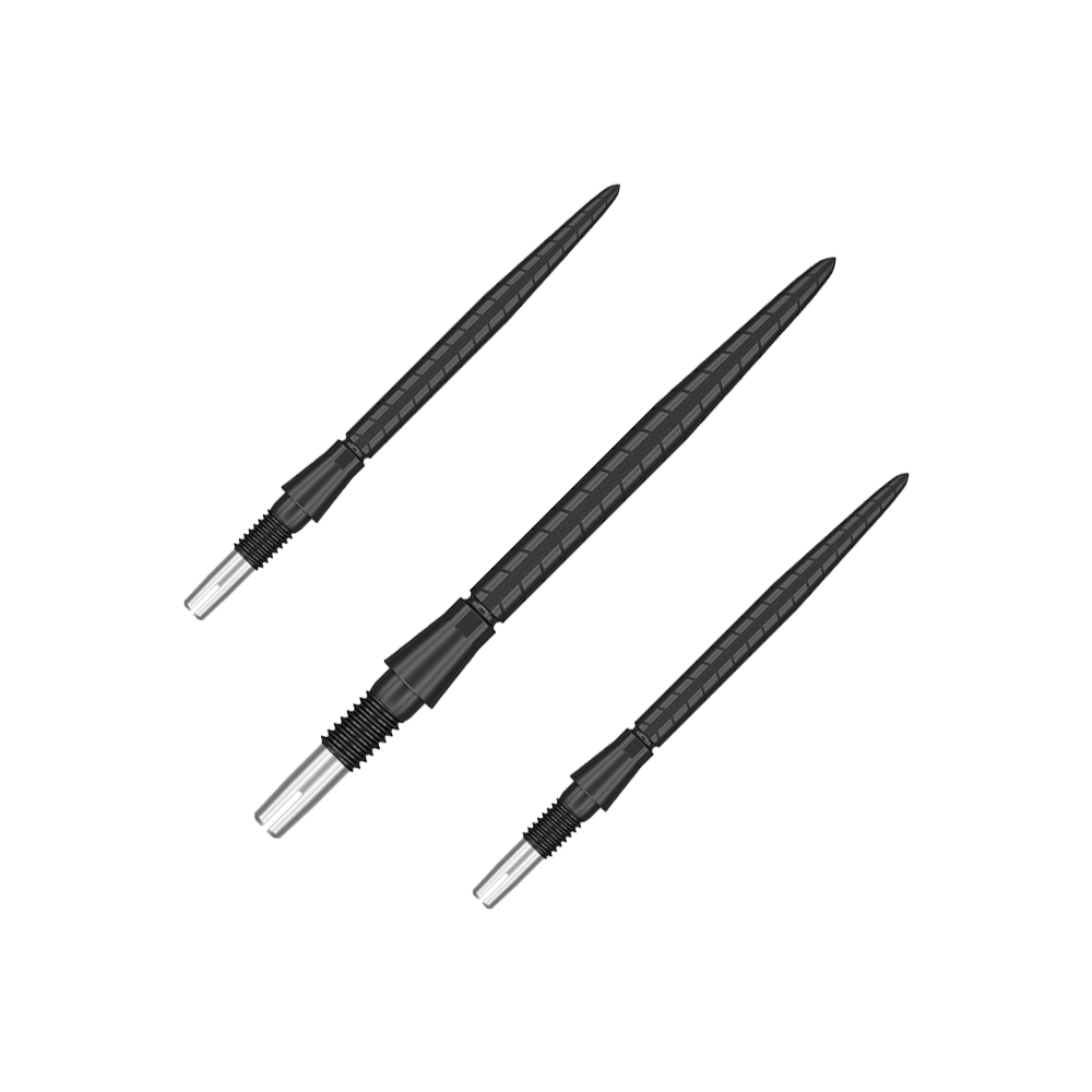 Target Swiss Storm Quartz Dart Tips - Black Das Bild zeigt drei schwarze Dartspitzen mit silbernem Schraubgewinde. Sie sind nebeneinander auf einem transparenten Hintergrund angeordnet.