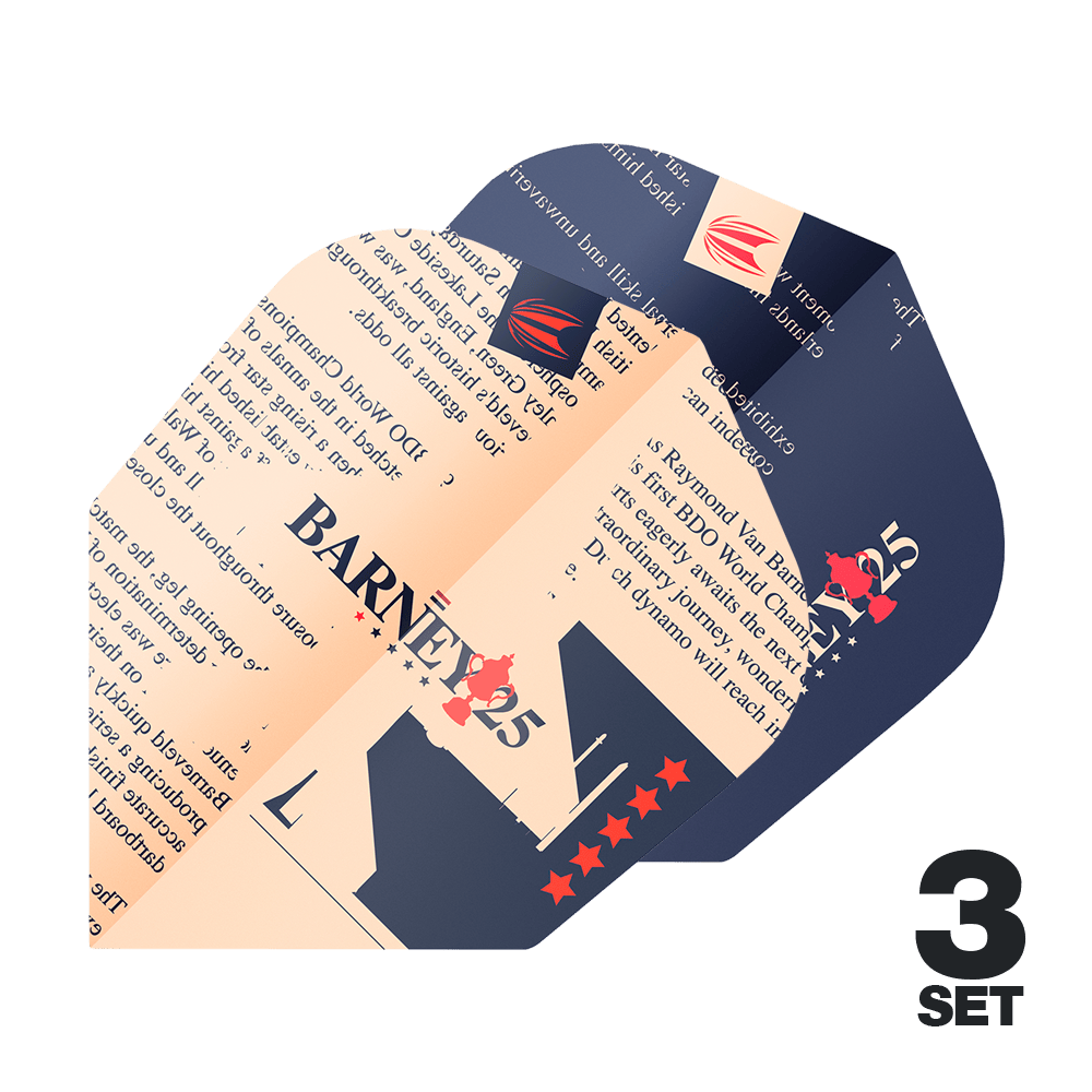 Target ProUltra Raymond Van Barneveld Barney25 No6 Flights Das Bild zeigt die "Target ProUltra Raymond Van Barneveld Barney25 No6 Flights" in einem auffälligen Design mit Text und Sternen. Rechts unten ist die Information "3 Set" zu sehen.