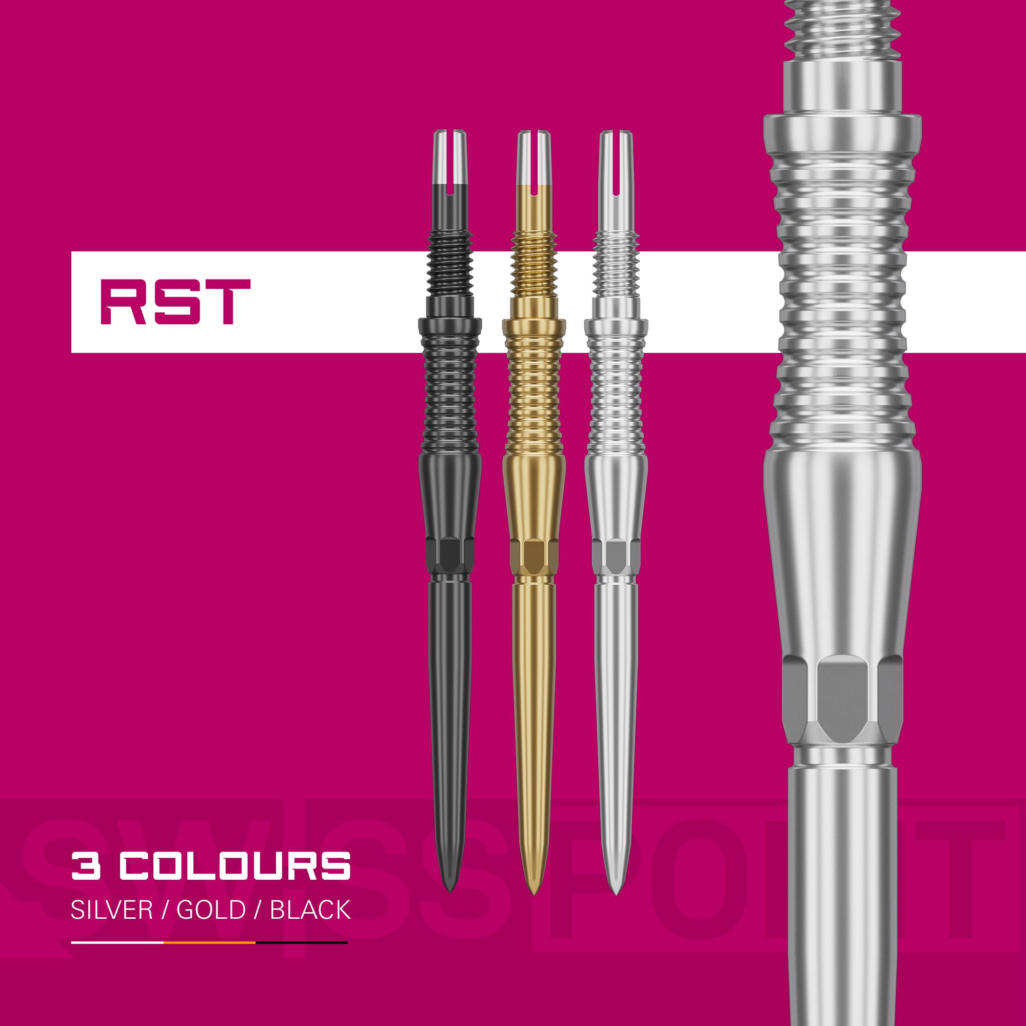 Target Swiss Point Dartspitzen Signature RST - Silber wird dargestellt. Die Spitzen sind robust und elegant gestaltet.