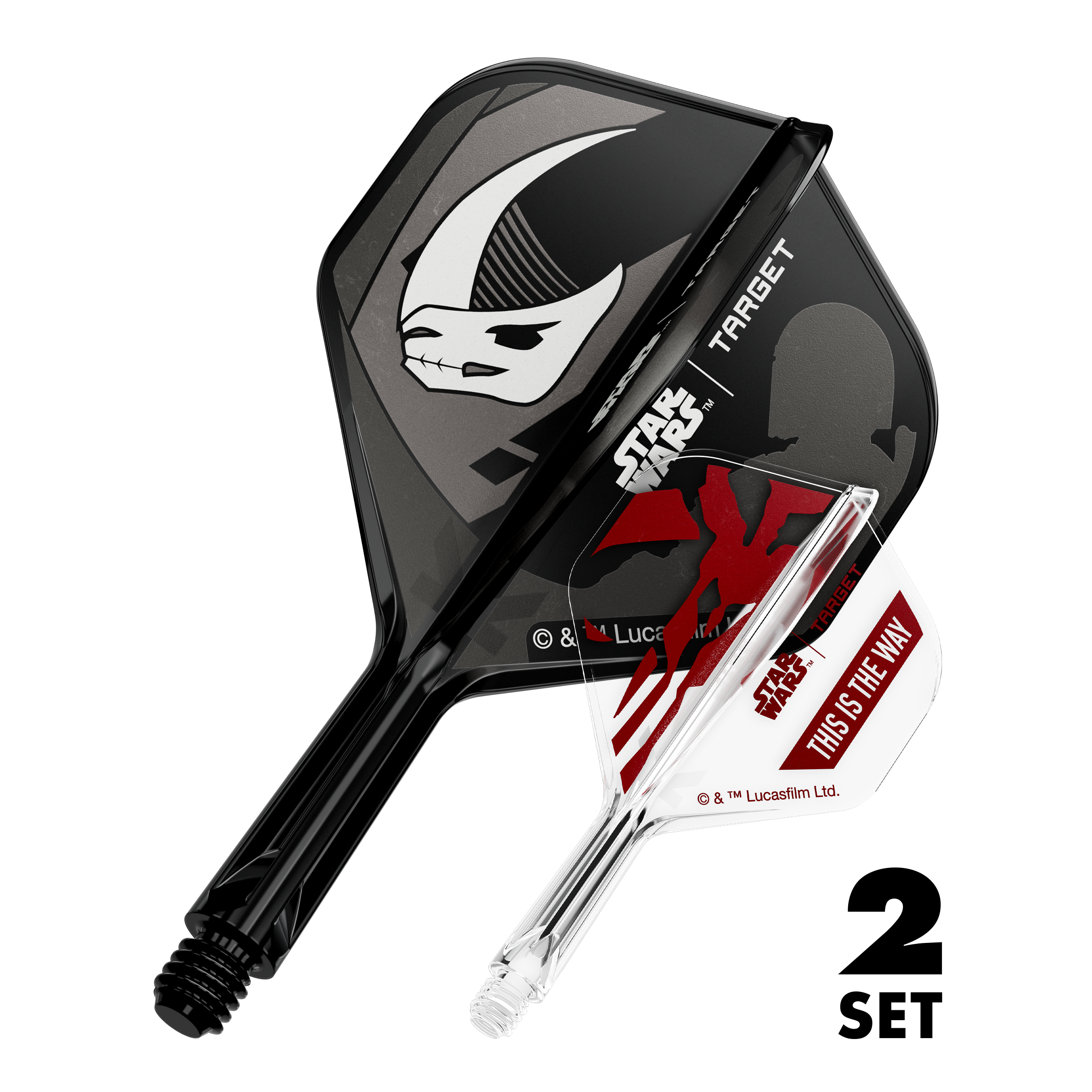 Zu sehen sind zwei Dart-Flights im Mandalorianer-Design aus Star Wars. Dies ist das Set 'K-Flex Mandalorian 2PackSet No2 Standard Flights' mit 19mm.