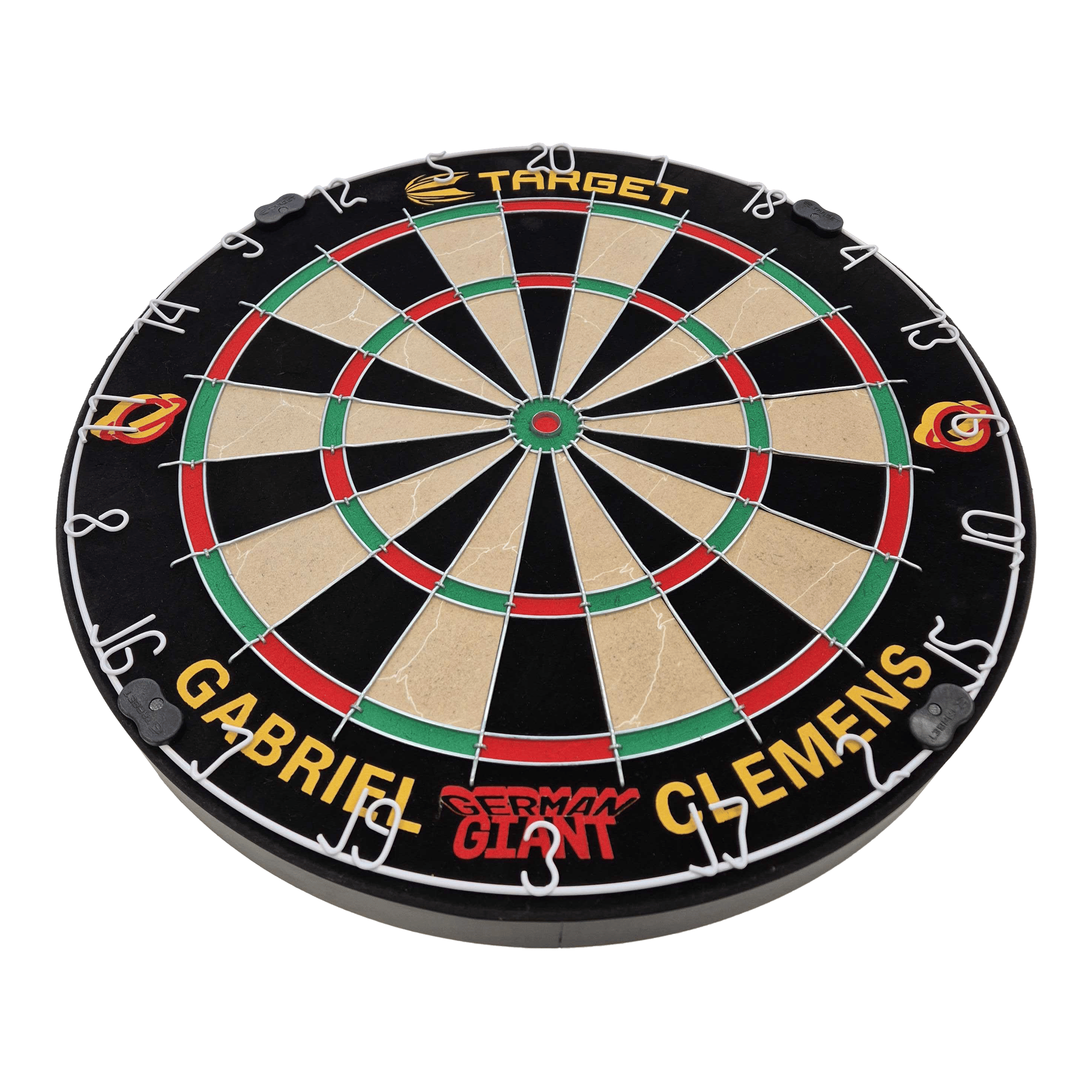 Target Gabriel Clemens steel dartboard set Dies ist eine Steeldartboard-Set mit der Aufschrift „Gabriel Clemens“ und „German Giant“. Das Board ist von der Marke Target und hat die klassischen Farben und Markierungen eines Dartboards.