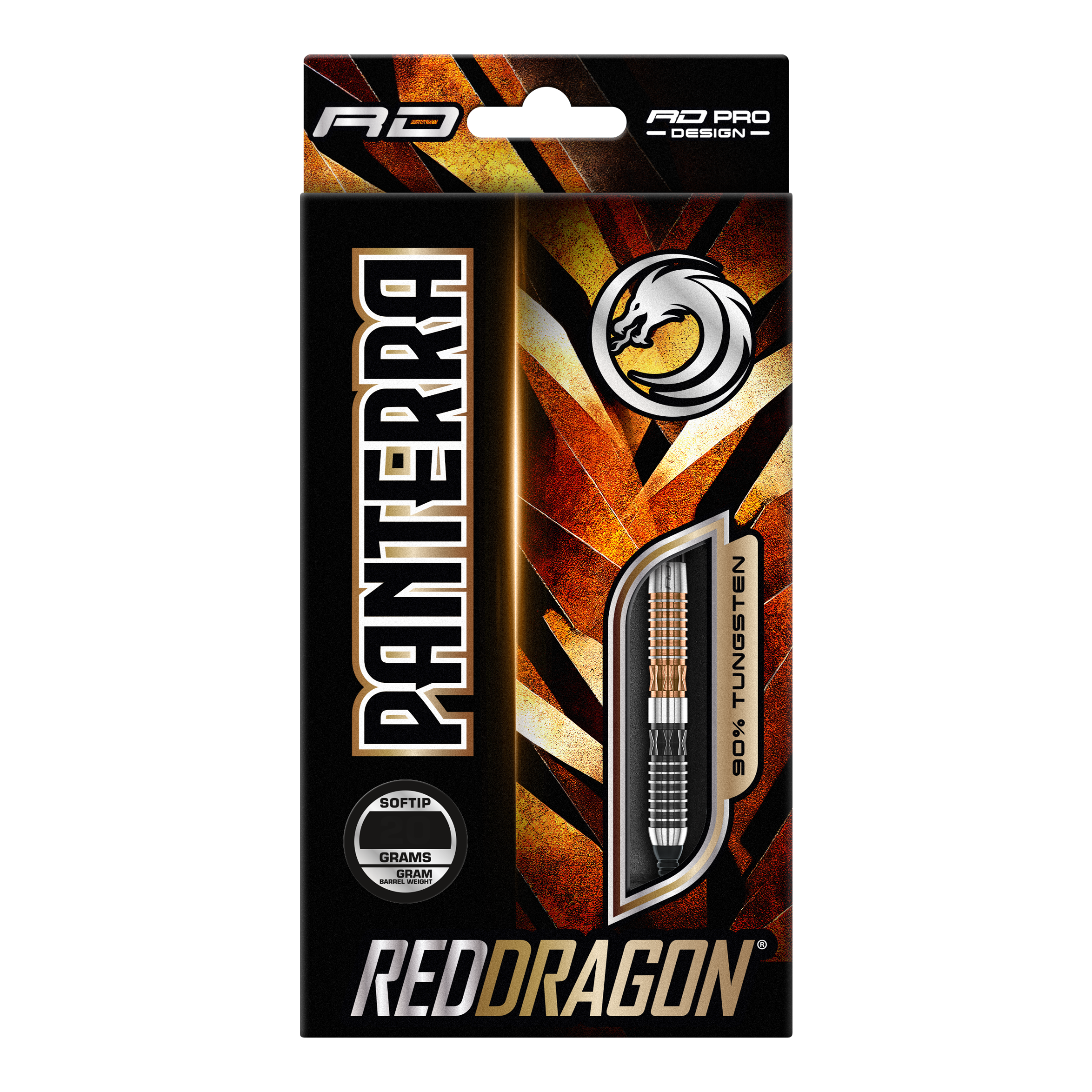 Red Dragon Panterra soft darts - 20g Das Bild zeigt eine Verpackung der "Red Dragon Panterra Softdarts - 20g". Die Packung ist auffällig gestaltet und hebt den Schriftzug "Panterra" sowie das Red Dragon-Logo hervor.