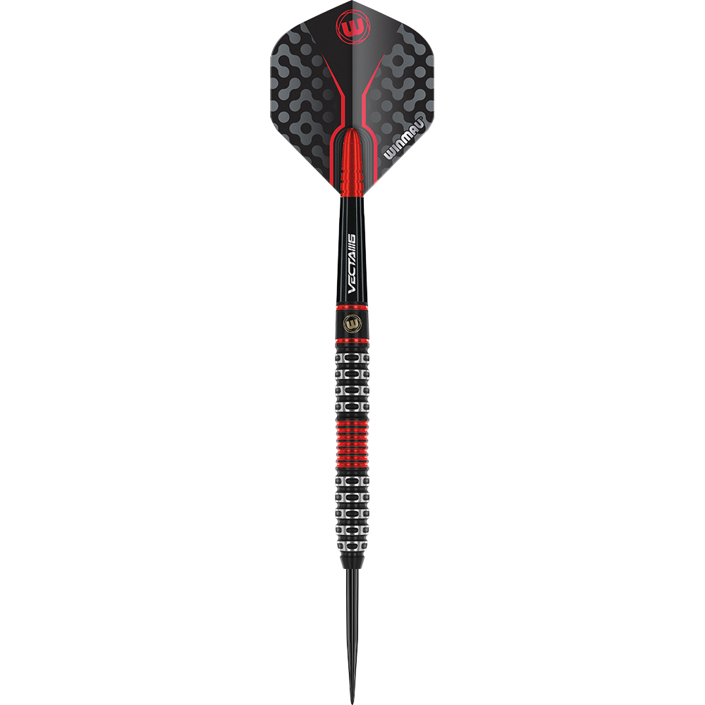 1470_Winmau_Joe_Cullen_Special_Edition_Steeldarts_1YMYzkFUEs5cUN Der Dartpfeil hat ein modernes schwarzes und rotes Design mit silbernen Akzenten. Am Schaft steht „Winmau“ und der Griff hat markante Rillen für besseren Halt.