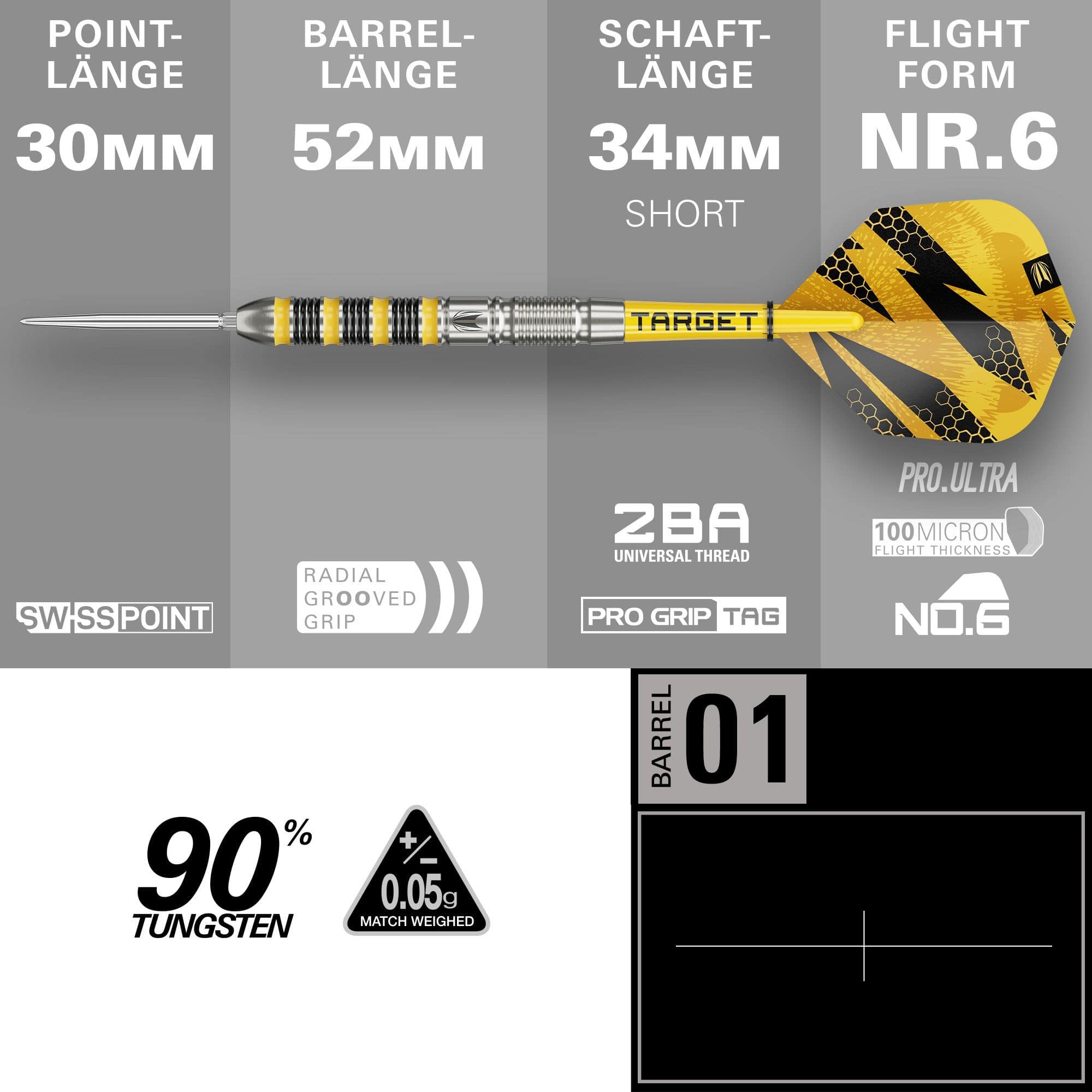 Das Bild zeigt die Target Buzz 01 Swiss Points Steeldarts. Die Darts sind speziell für Präzision und Leistung entworfen.