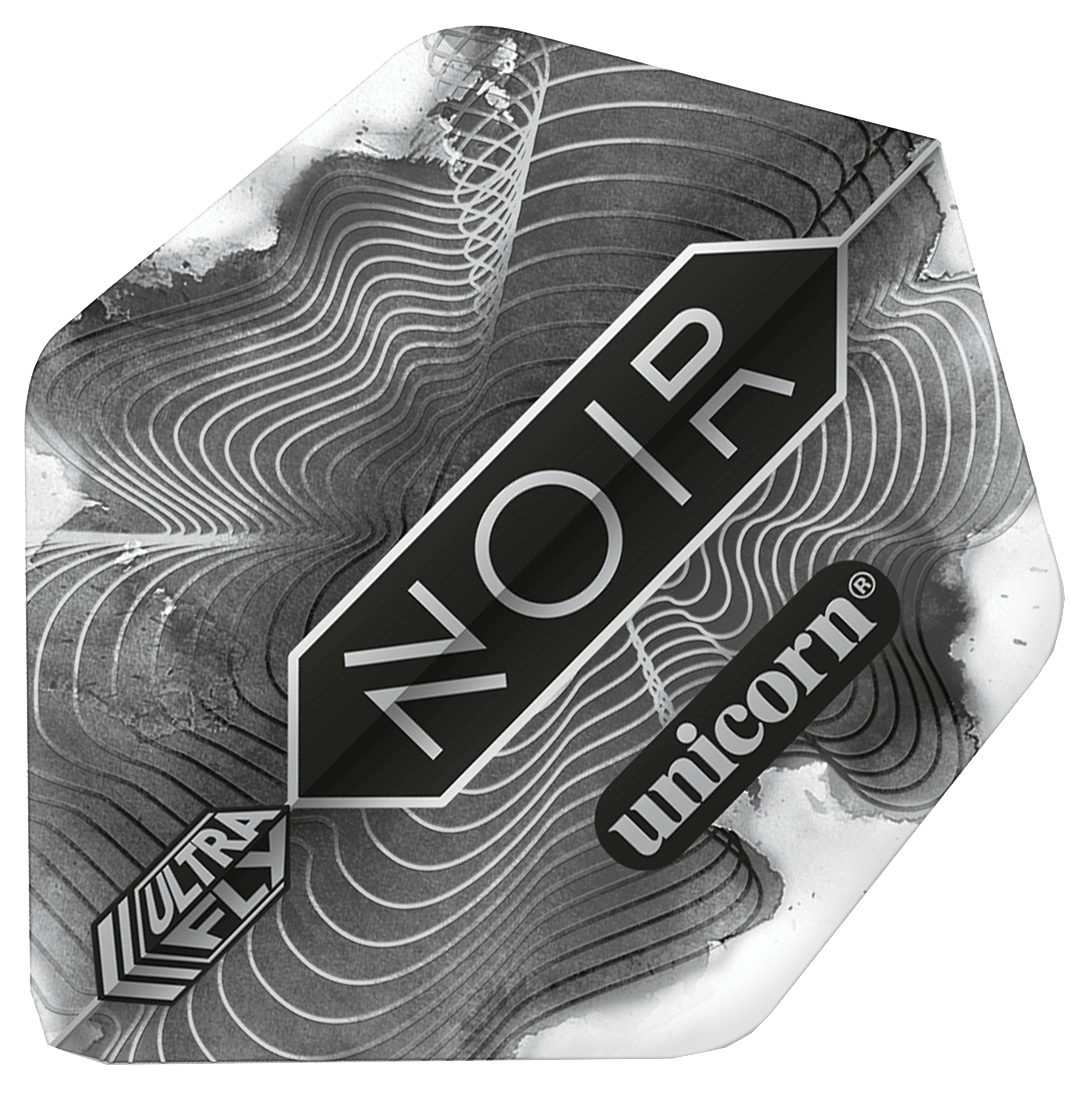 69007_p1 Das Bild zeigt ein Dart-Flight mit dem Namen "Unicorn Ultrafly 75 Ar2 Noir Organic Flights". Das Flight ist in Schwarz-Weiß gehalten und trägt die Aufschrift "NOIR" und "unicorn".