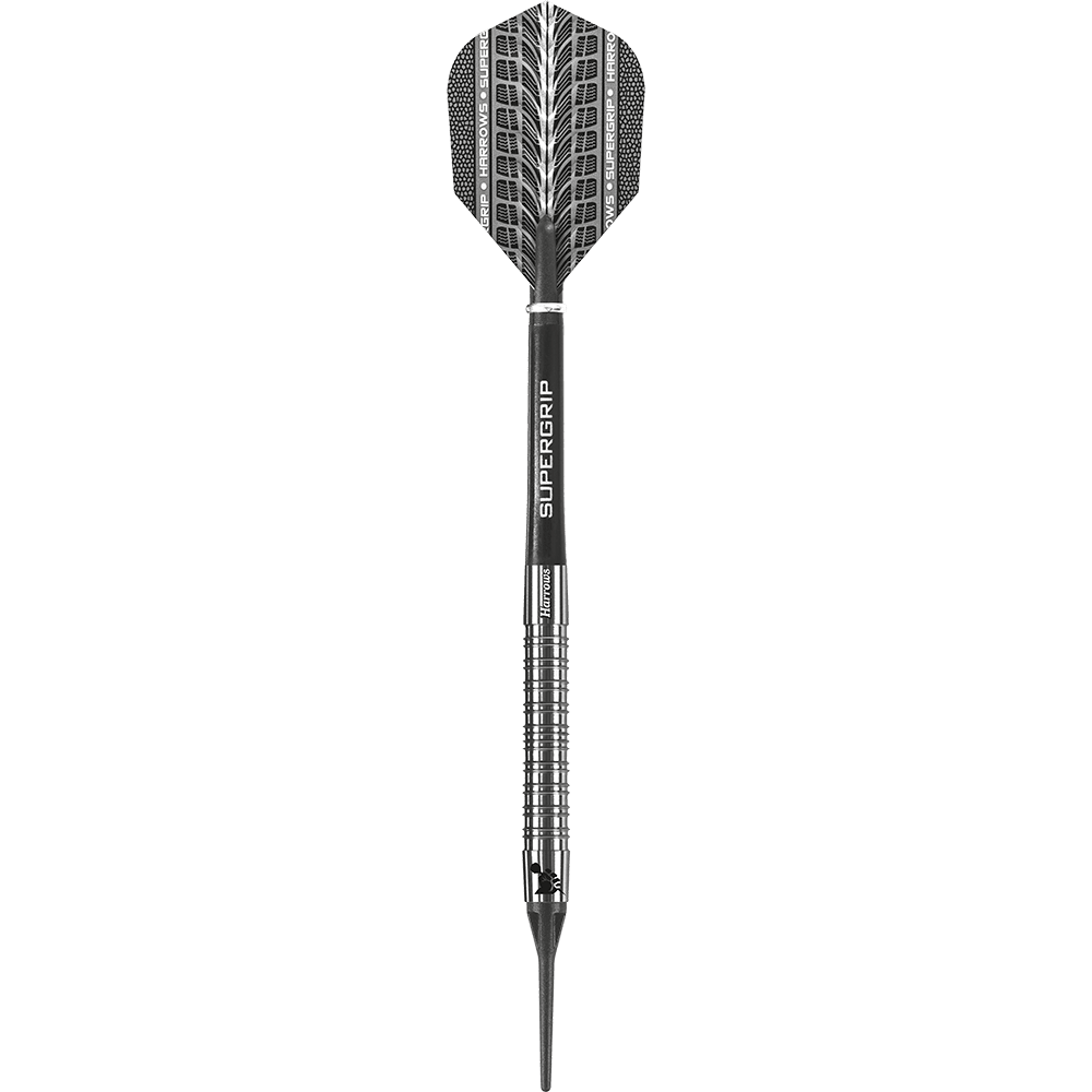 HA11810-Harrows-Supergrip-90-Softdarts-1OkdwLnO7Q5tvN Das Bild zeigt einen Harrows Supergrip 90% Softdart. Der Dart ist silberfarben mit schwarzen Akzenten und einer beschrifteten Flights.