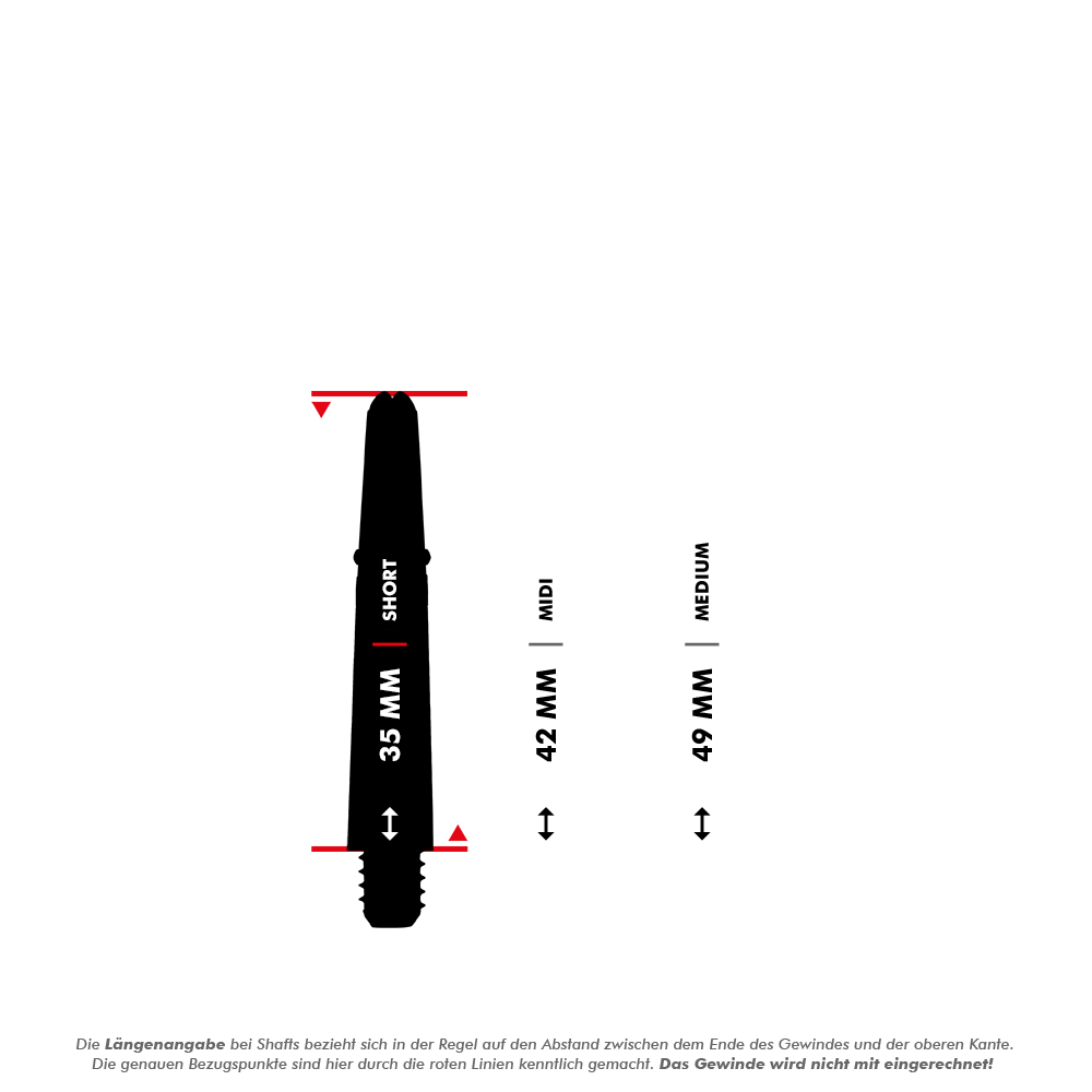 _Harrows_Carbon_360_Shafts_5_35mmNjiupv4IFnNKI Das Bild zeigt drei verschiedene Längen von Dartschäften: 35 mm (Short), 42 mm (Midi) und 49 mm (Medium). Die roten Linien markieren die Messpunkte für die Längenangabe, das Gewinde wird dabei nicht mit eingerechnet.