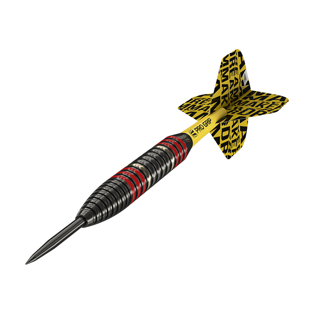 170007_Target_Dimitri_Van_Den_Bergh_Brass_Steeldarts_4vXtbQEeB95DX5 Das Bild zeigt einen Target Dimitri Van Den Bergh Brass Steeldart mit einem Gewicht von 22g. Der Dart hat eine schwarz-rote Griffstruktur und gelbe Flights mit schwarzem Aufdruck.