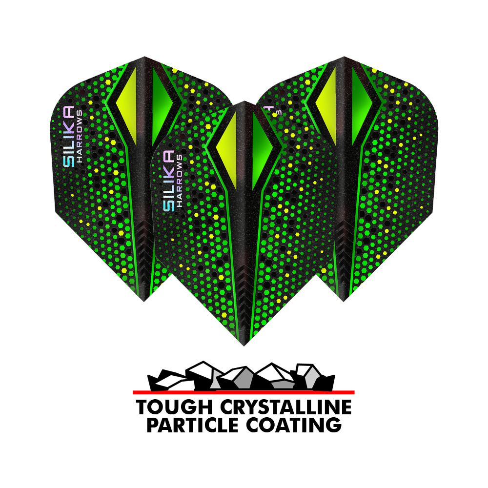 Harrows Silika Colorshift Tough Crystalline Coating Green-X No6 Flights Das Bild zeigt drei grüne Harrows Silika Colourshift Tough Crystalline Coating No6 Flights für Darts. Unten befindet sich ein Logo mit der Aufschrift „Tough Crystalline Particle Coating“.
