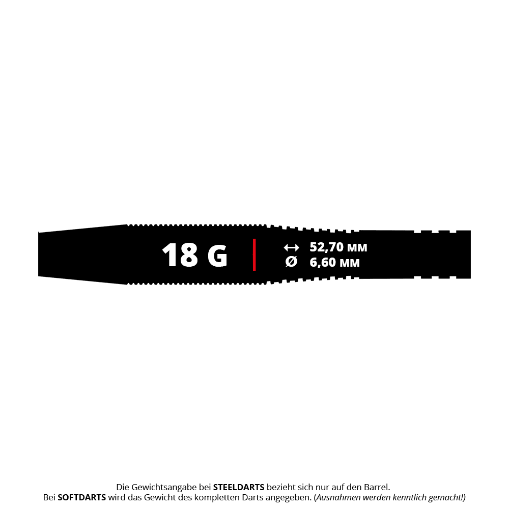Bulls Martin Schindler TW80 soft darts - 18g Das Bild zeigt die Produktdetails der Bulls Martin Schindler TW80 Softdarts mit einem Gewicht von 18 Gramm. Die Maße des Barrels sind 52,70 mm Länge und 6,60 mm Durchmesser.