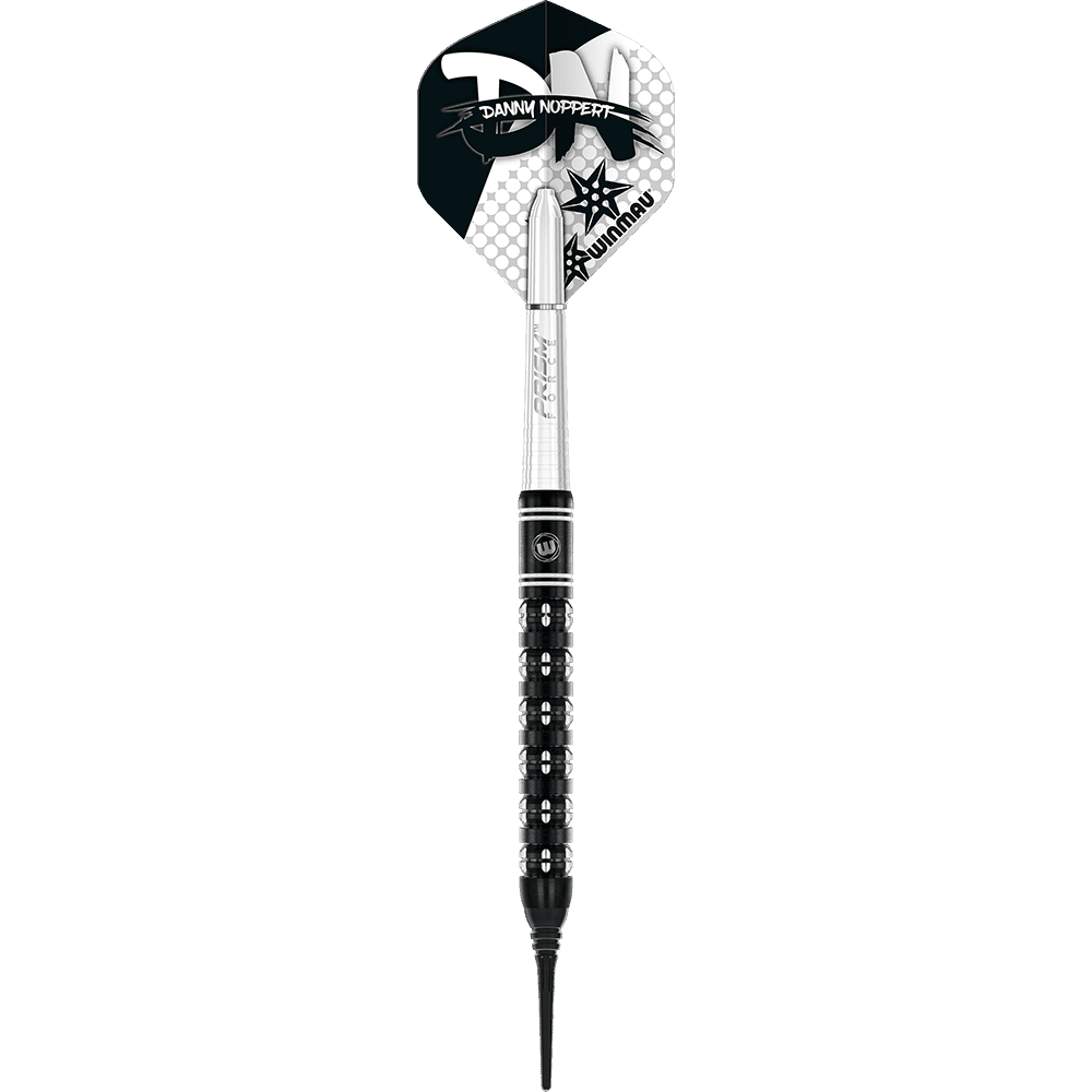 2459_Winmau_Danny_Noppert_Freeze_Edition_Softdarts_15EXObsiD75uNm Das Bild zeigt den Winmau Danny Noppert Freeze Edition Softdart mit einem Gewicht von 20g. Der Dartpfeil hat ein auffälliges schwarzes und silbernes Design mit dem Namen "Danny Noppert" auf dem Flight.
