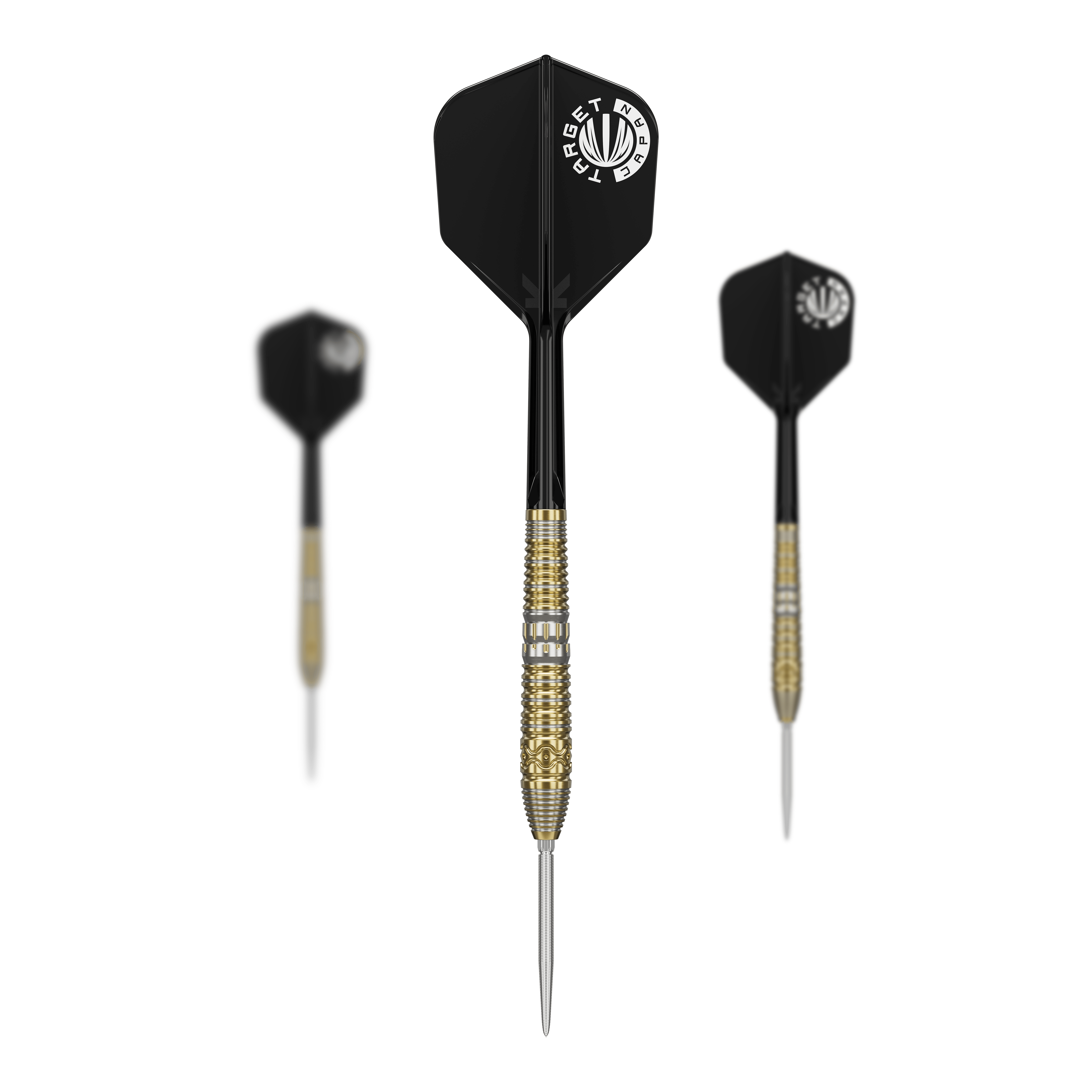 Target Japan Hot Shot GEN2 steel darts - 23g Das Bild zeigt drei Target Japan Hot Shot GEN2 Steeldarts mit einem Gewicht von 23g. Die Darts haben schwarze Flights und gold-silberne Griffbereiche.