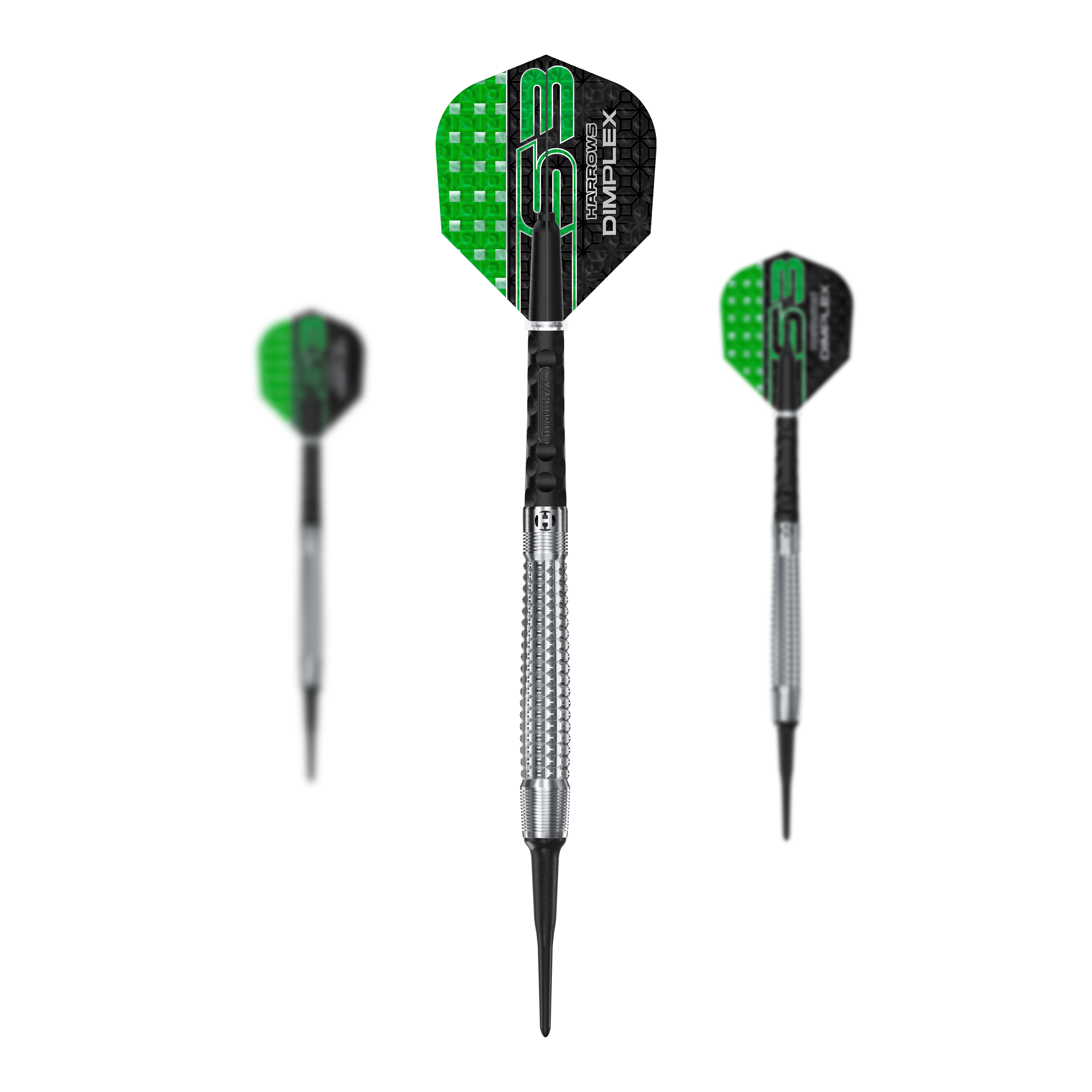 Harrows Dimplex S3 Tapered Soft Darts Das Set Harrows Dimplex S3 Tapered Softdarts wird gezeigt. Die Darts haben ein spezielles Griffdesign.
