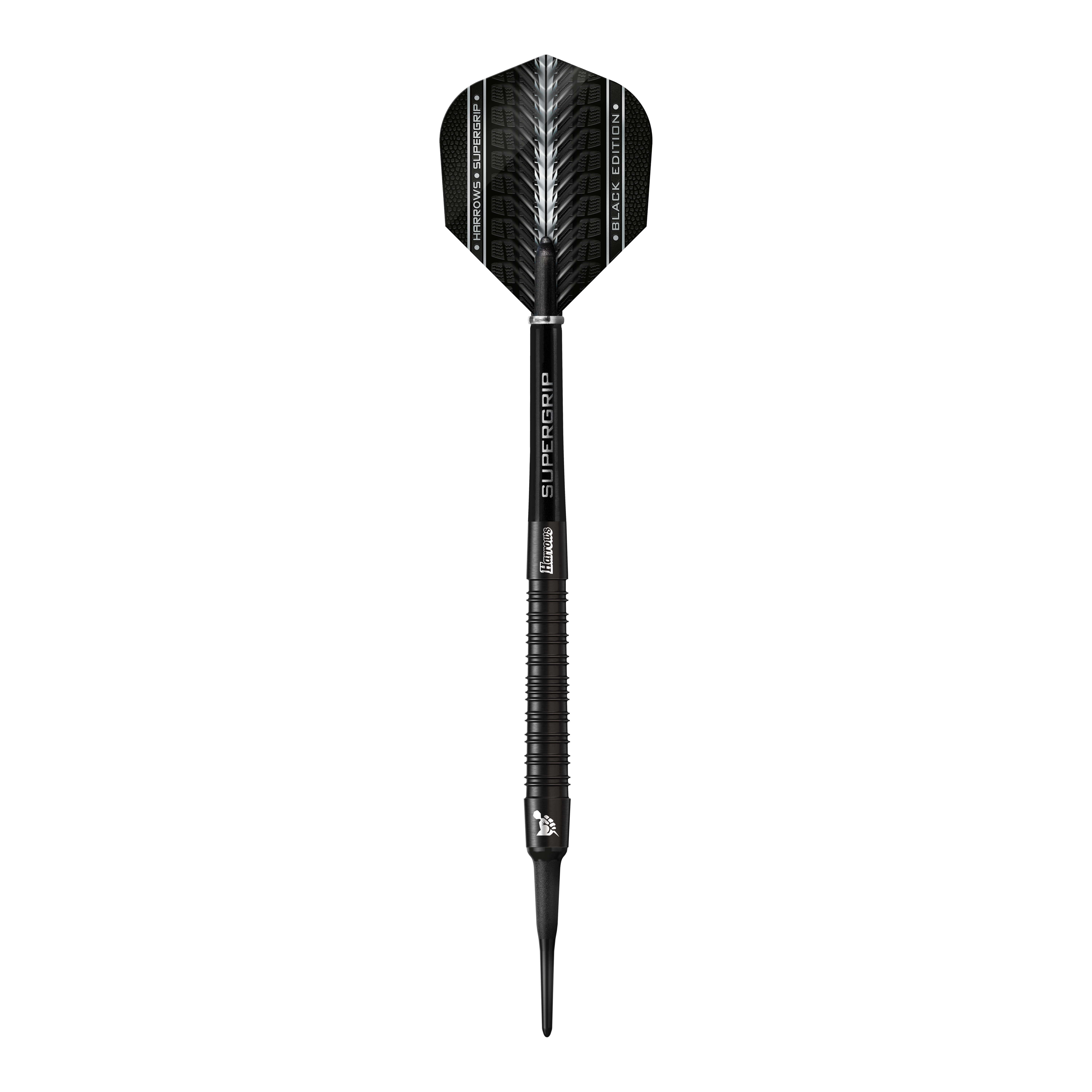 Harrows Supergrip Black Edition soft darts Das Bild zeigt einen Harrows Supergrip Black-Edition Softdart. Der Dart ist komplett in Schwarz gehalten und hat ein modernes, elegantes Design.