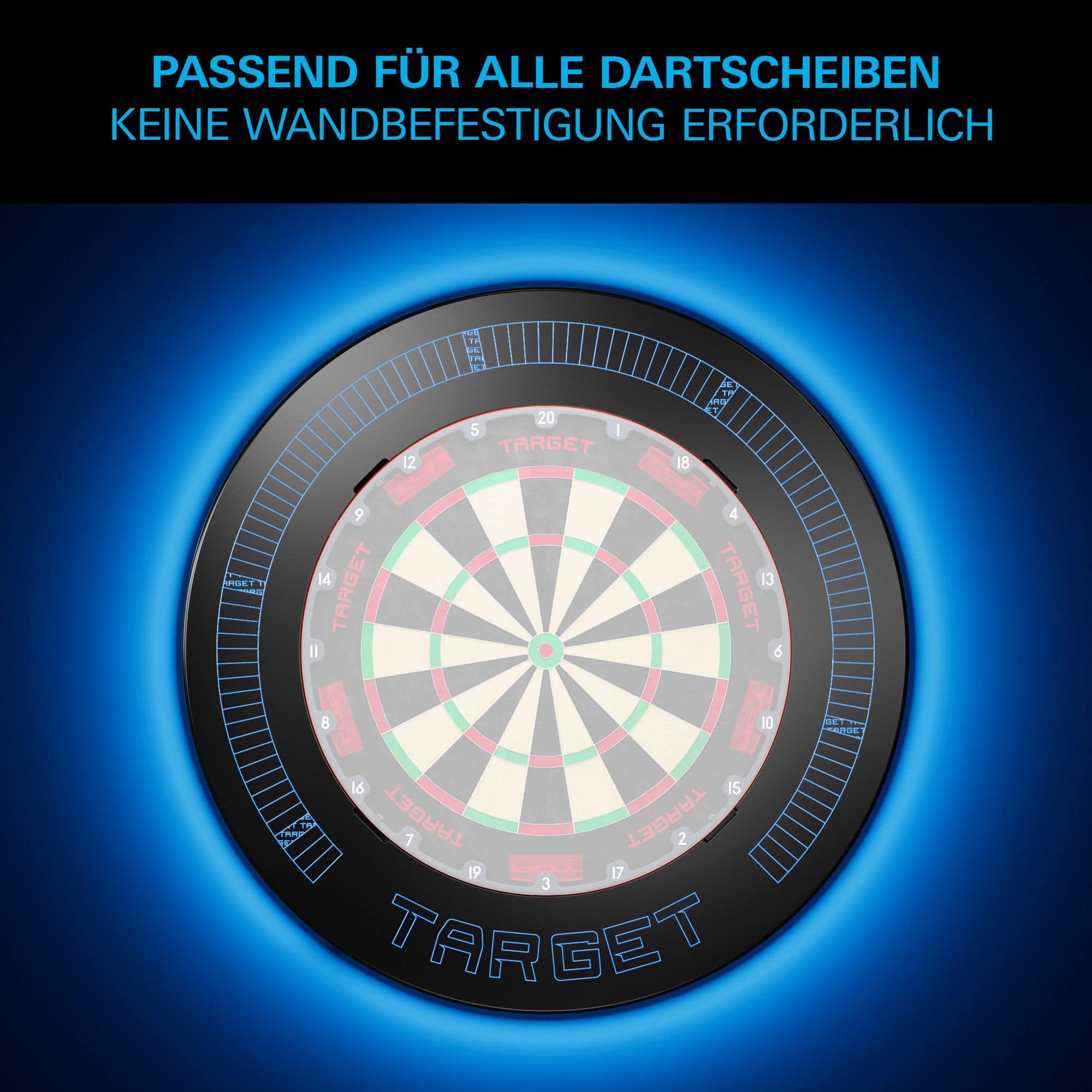 Target Corona Vision Notched Dartboard Surround with Lighting Hier sieht man das Target Corona Vision Notched Dartboard Surround mit Beleuchtung. Die leuchtende Umrandung sticht hervor.