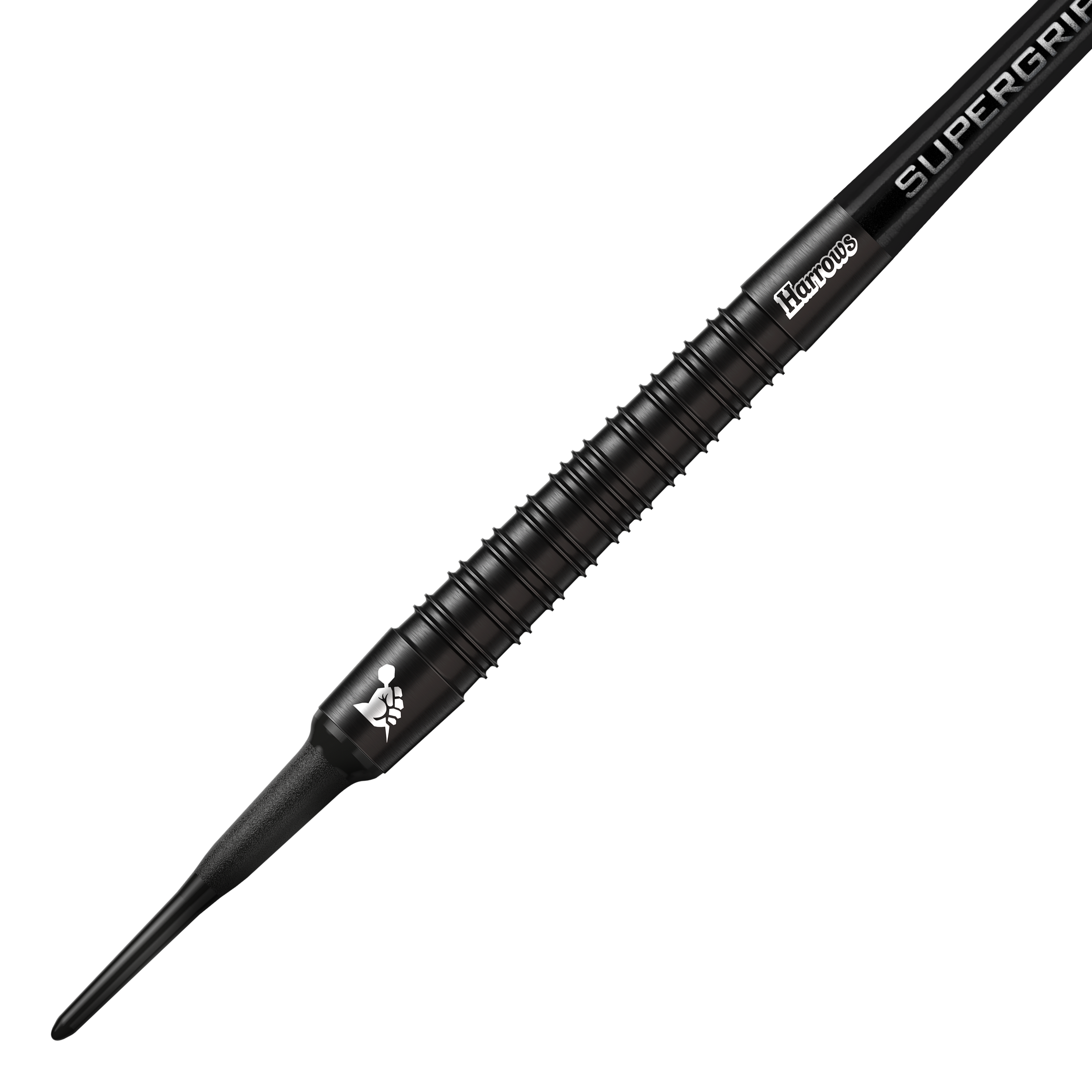 Harrows Supergrip Black Edition soft darts Das Bild zeigt einen Harrows Supergrip Black-Edition Softdart. Der Dart ist komplett schwarz und hat eine strukturierte Griffoberfläche.