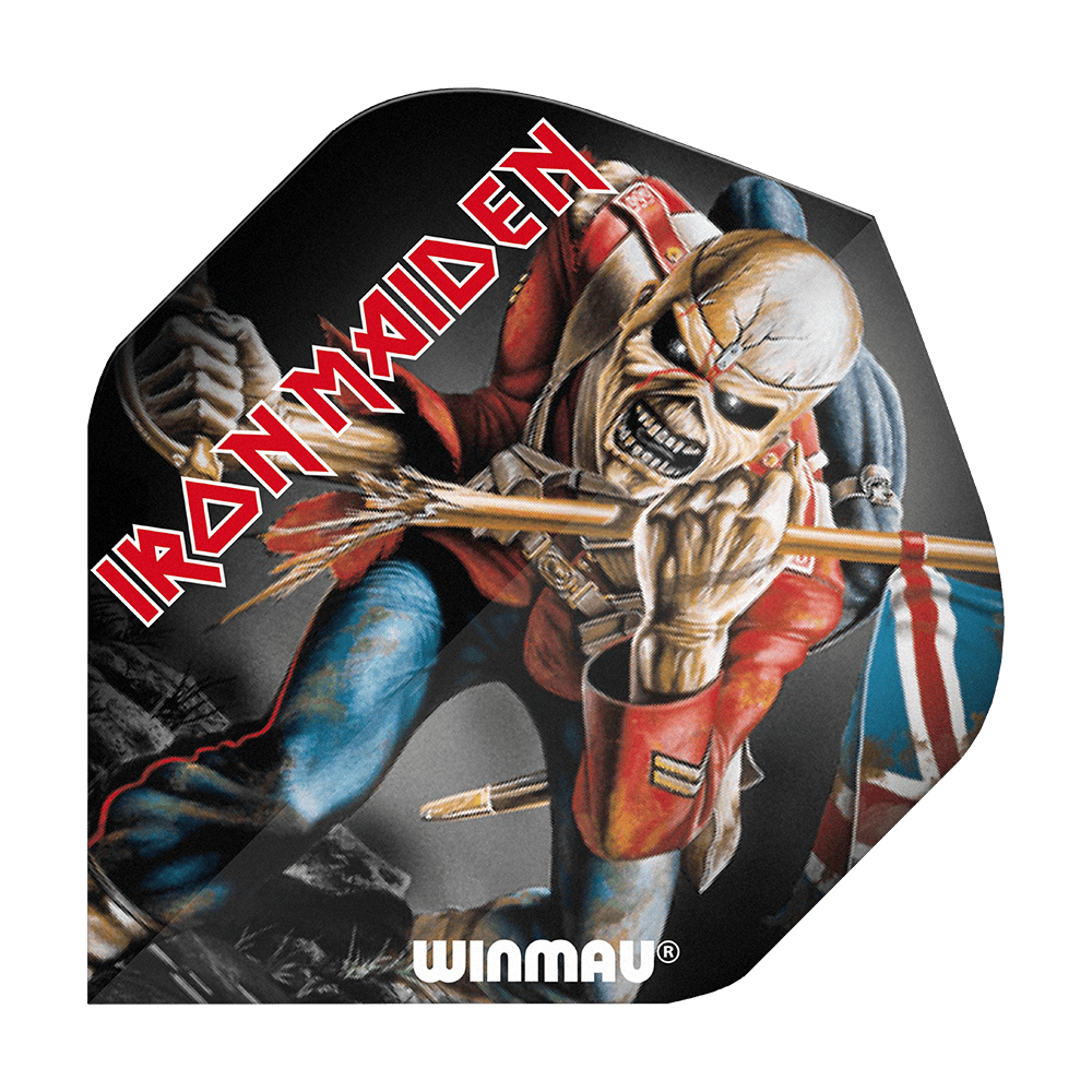 6905-224_Winmau_Rockstar_Legends_Iron_Maiden_Eddie_Standard_Flights_1 Das Bild zeigt ein Dartflight mit dem Motiv von Iron Maiden und dem berühmten Maskottchen Eddie. Auf dem Dartflight steht außerdem der Schriftzug "Winmau" und "Iron Maiden".