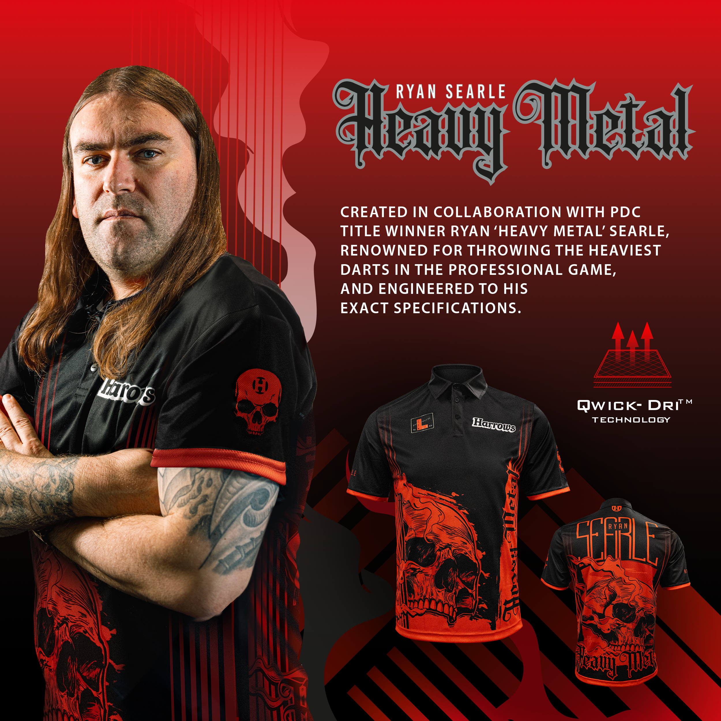 Das Bild zeigt das Harrows Ryan Searle Heavy Metal Playershirt. Dieses Dartshirt ist bei Spielern sehr beliebt.