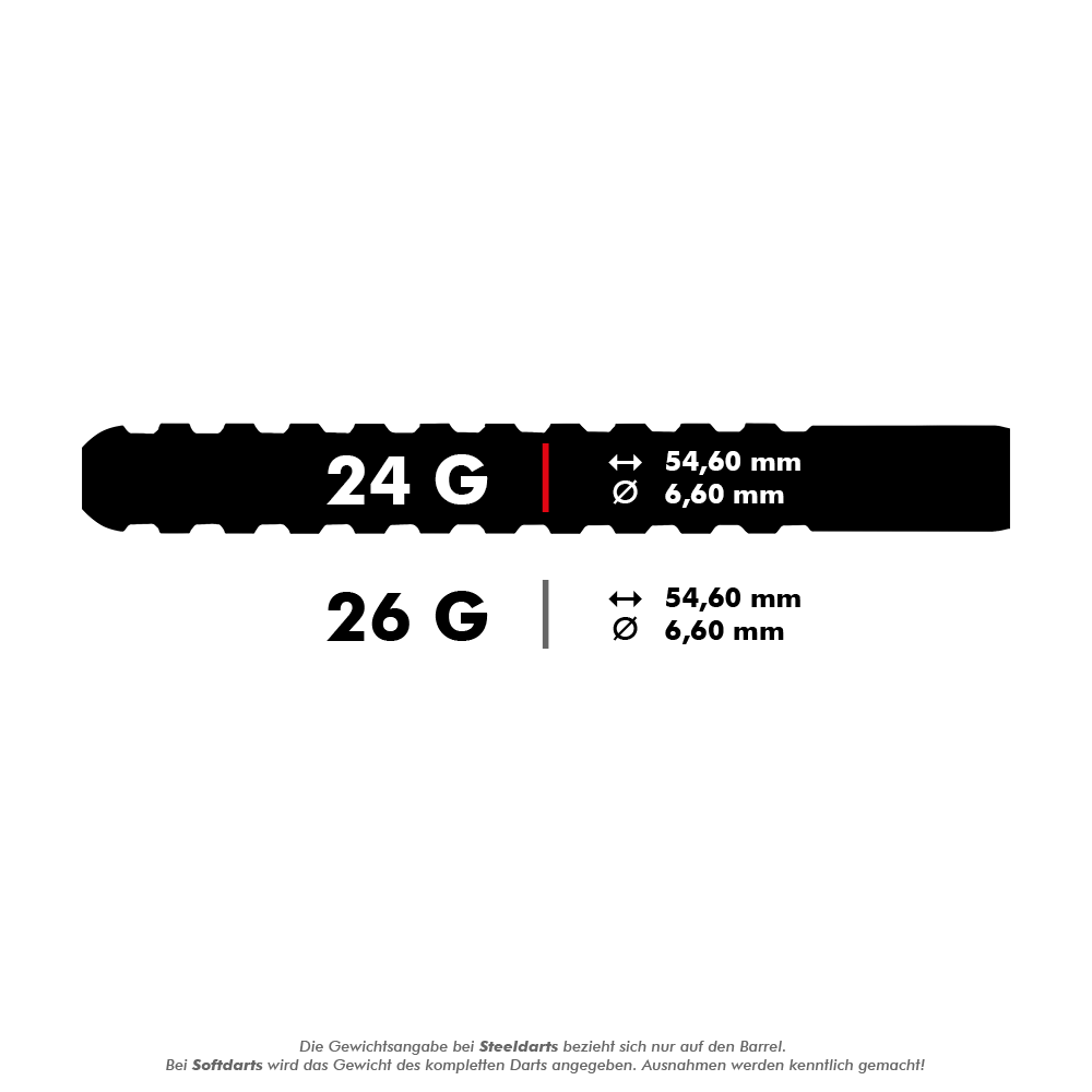 Red Dragon Javelin Speedline steel darts Das Bild zeigt die Spezifikationen von Steeldarts mit den Gewichten 24 g und 26 g. Beide Varianten haben eine Länge von 54,60 mm und einen Durchmesser von 6,60 mm.