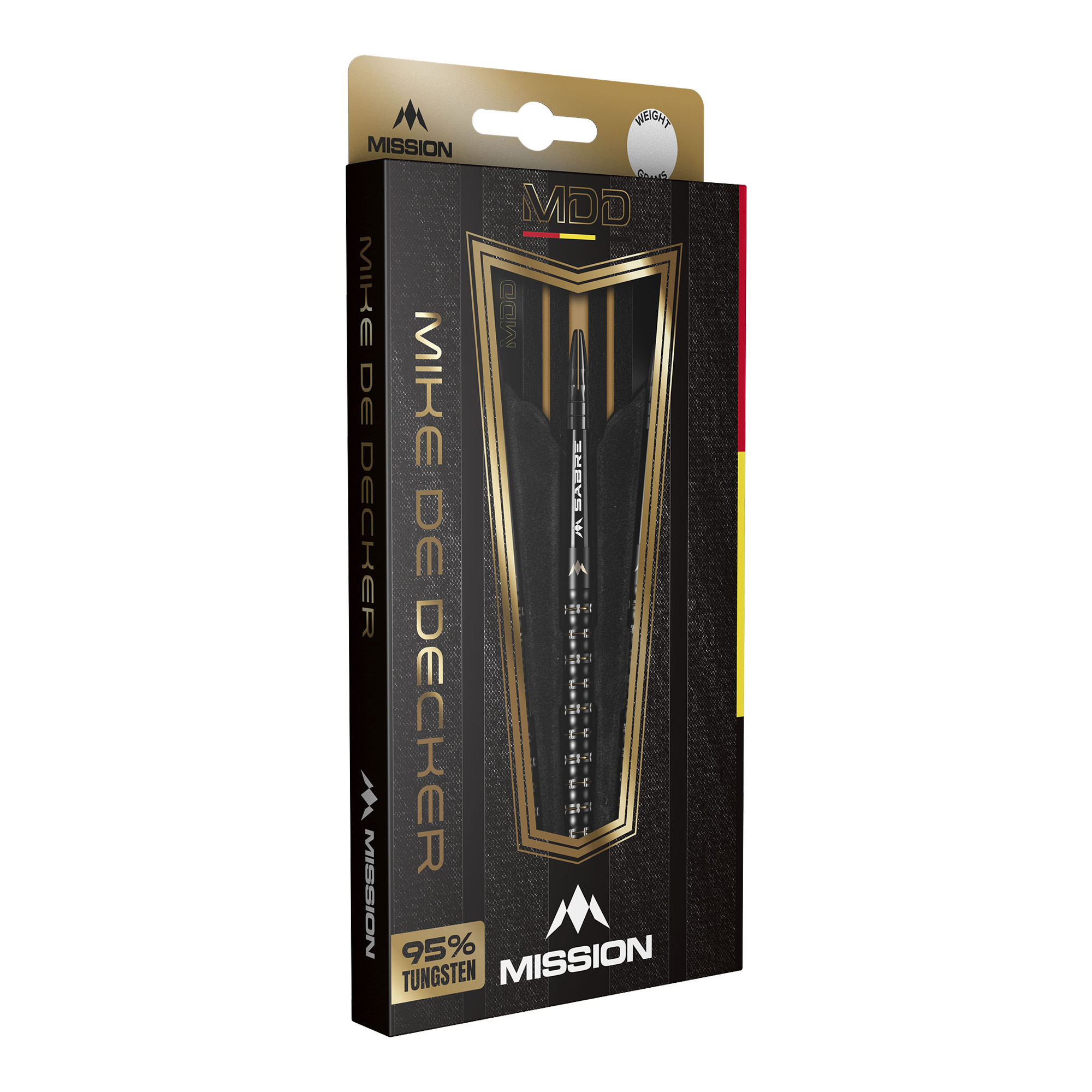 Die Verpackung zeigt die Mission Mike De Decker MDD Black Gold Steeldarts. Auf der Vorderseite steht, dass die Darts zu 95% aus Tungsten bestehen.