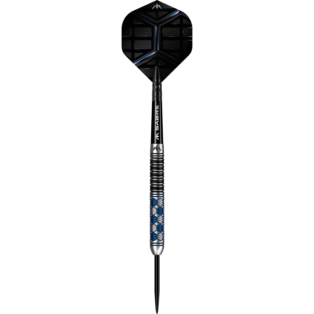 M001310_Mission_Hexon_Steeldarts_19FHCFPeqHnM7l Das Bild zeigt einen Mission Hexon Steeldart mit einem Gewicht von 23g. Der Dart hat ein modernes Design mit schwarzen und blauen Akzenten.