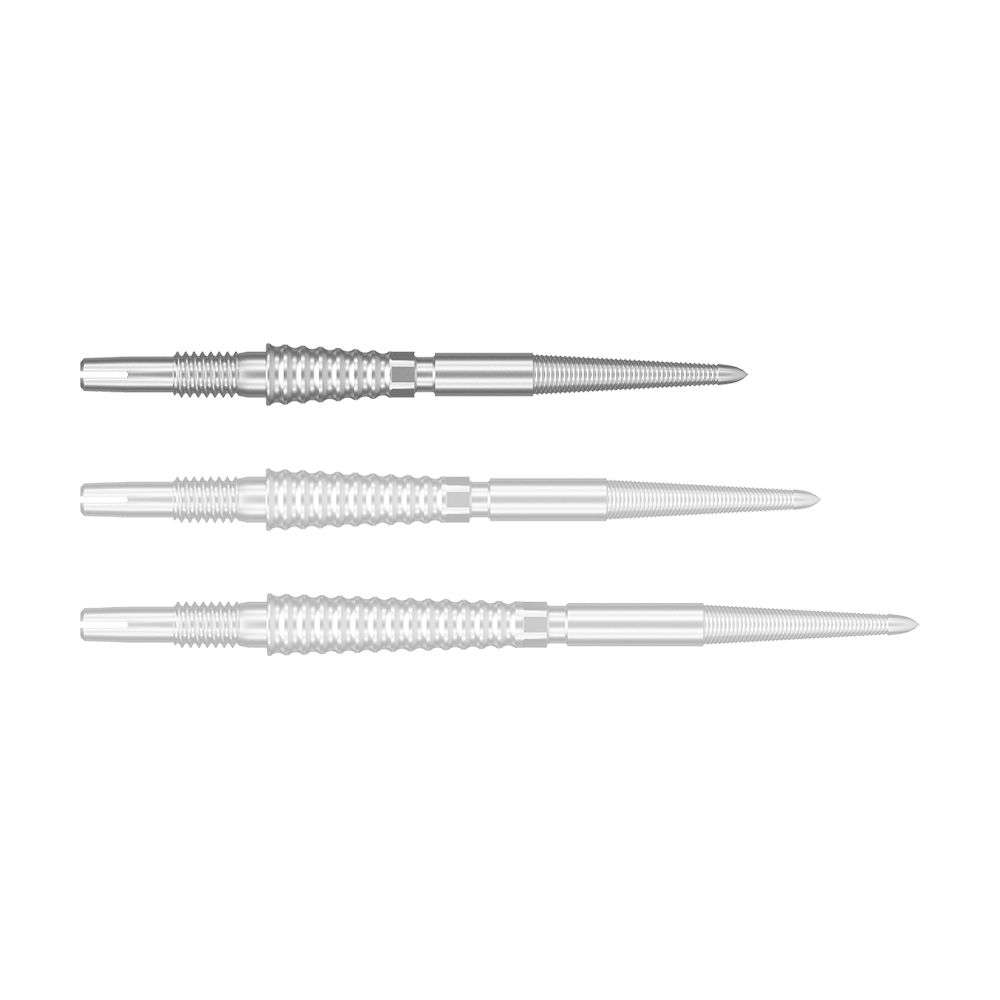 Target Swiss Storm LNC dart tips - silver Auf dem Bild sind drei silberne Dartspitzen nebeneinander zu sehen. Sie haben ein geriffeltes Griffstück und laufen spitz zu.