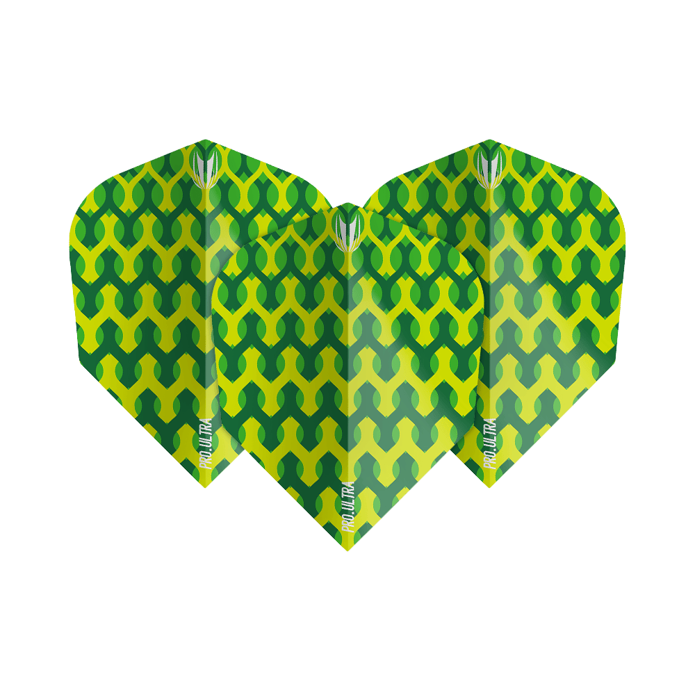 TG69_335230_Target_ProUltra_Fabric_Green_Ten-X_Flights_1M9Y7Qf9D4ugRz Das Bild zeigt die Target ProUltra Fabric Green Ten-X Flights mit einem leuchtend grünen, geometrischen Muster. Die Flights haben ein auffälliges Design mit gelben und grünen Farbtönen.
