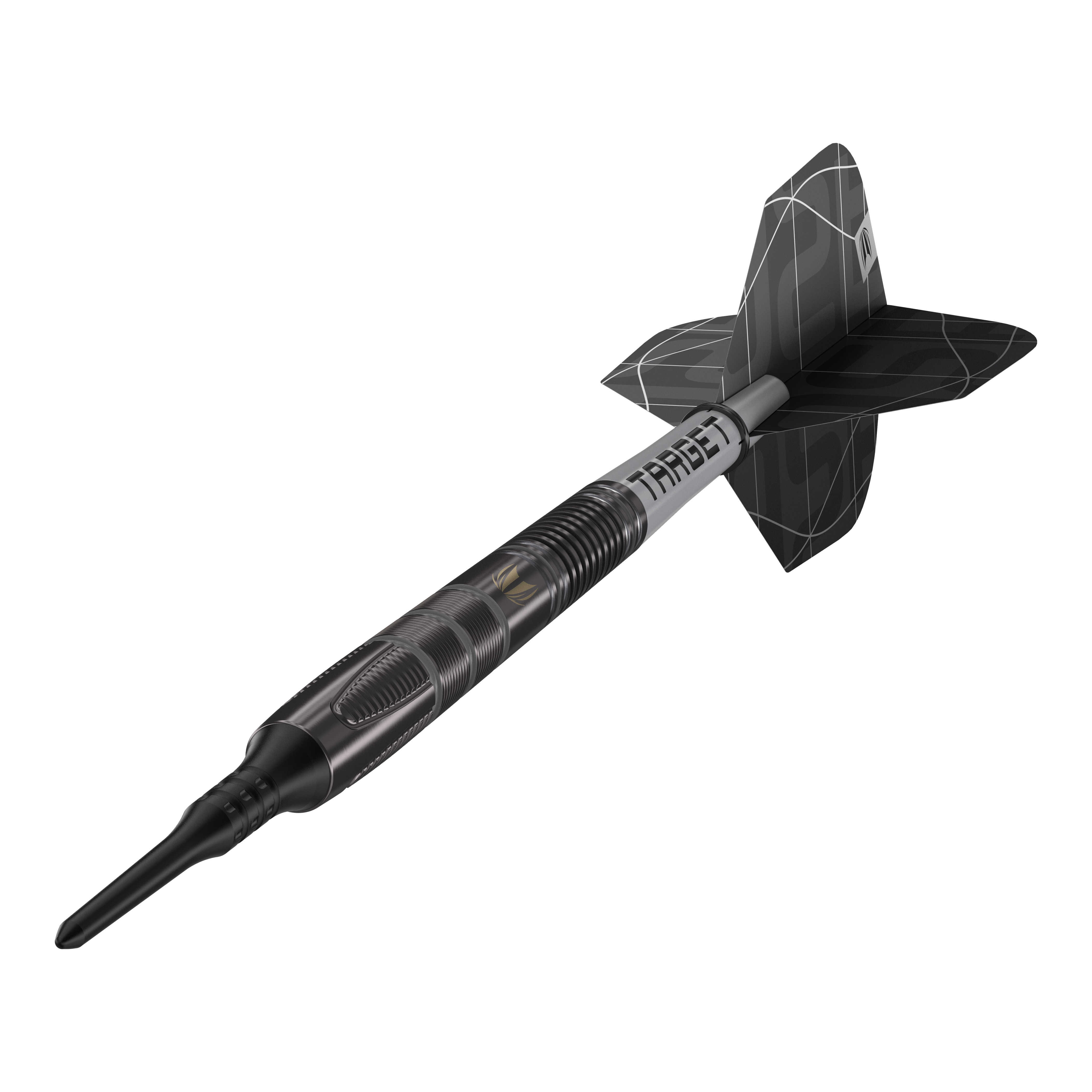 Target Nathan Aspinall X Echo Softdarts - 18g Das Bild zeigt den Softdart „Target Nathan Aspinall X Echo“ mit einem Gewicht von 18 Gramm. Der Dartpfeil ist schwarz und hat ein modernes, geriffeltes Design mit der Aufschrift "TARGET" auf dem Schaft.