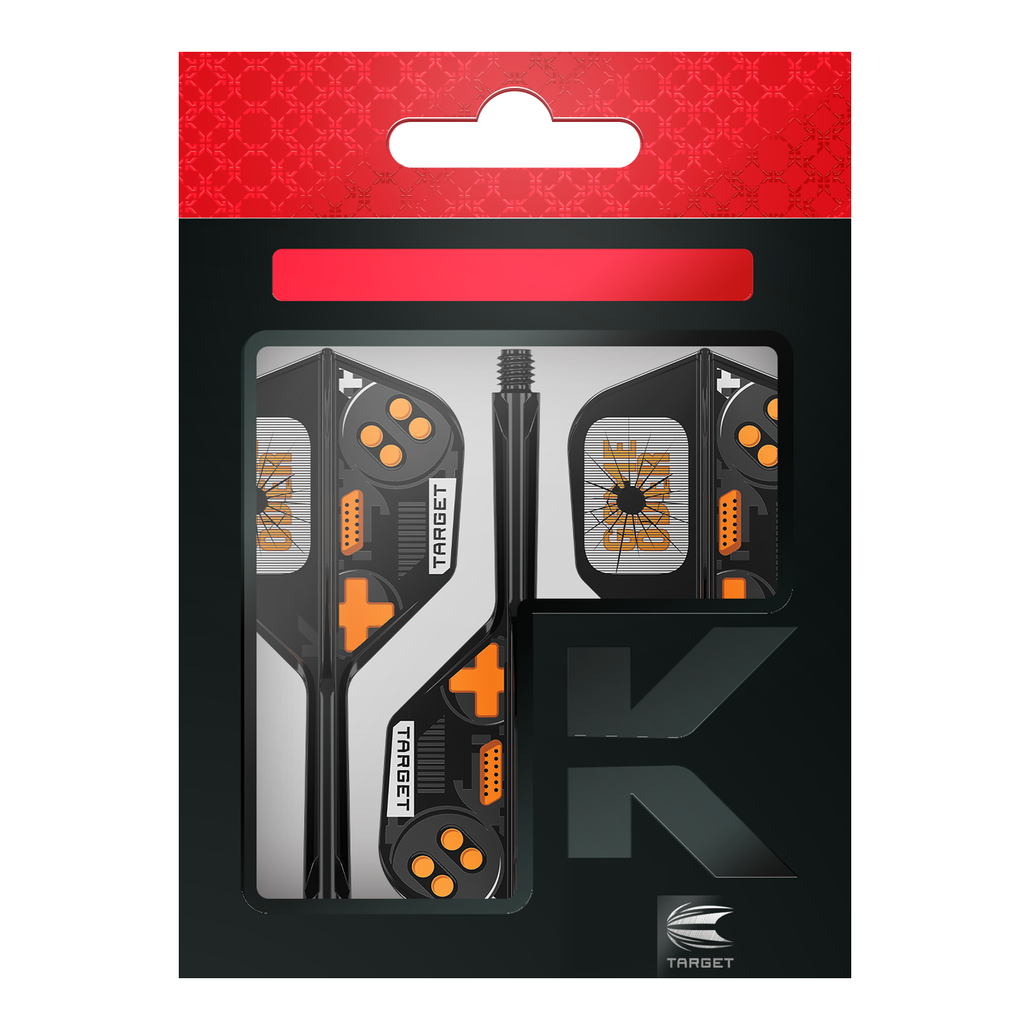 Target K-Flex Game Over No6 Flights Hier sieht man die Target K-Flex Game Over No6 Flights. Es handelt sich um Dart-Flights mit auffälligem Muster.