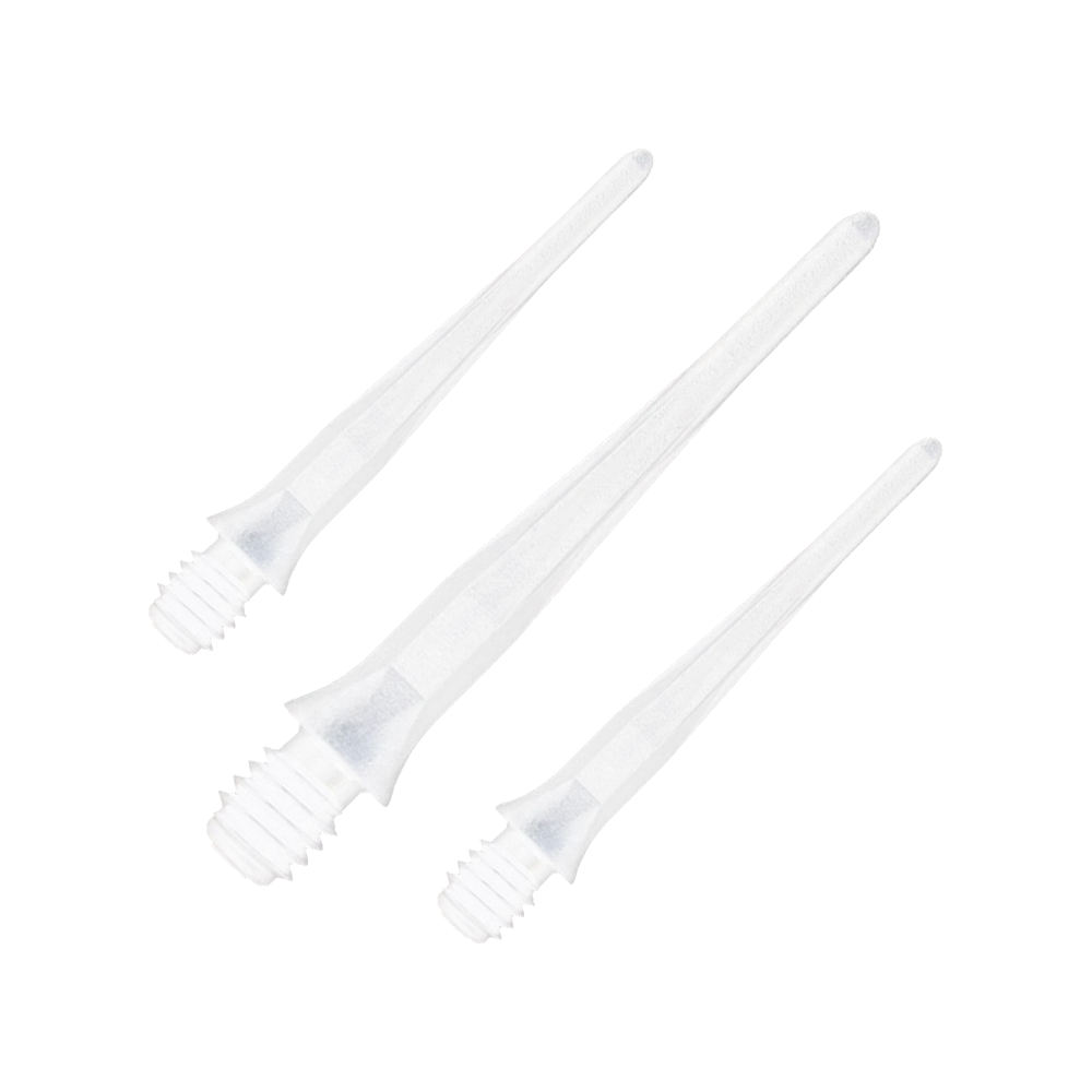 Abgebildet sind Caliburn 2BA Softdartspitzen in Weiß im 50er Pack. Die Spitzen sind für Softdarts geeignet und in einer Verpackungseinheit dargestellt.