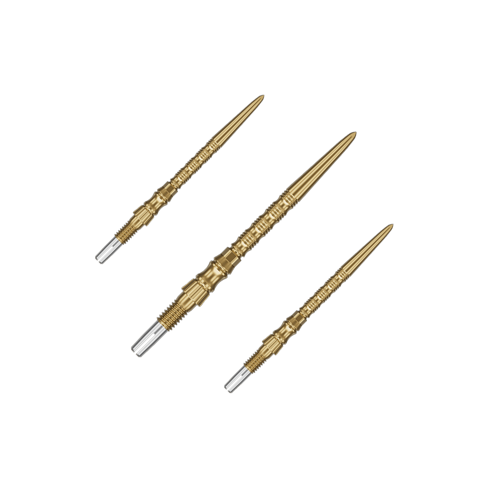 Target Signature Swiss Point TRB steel dart tips - gold Ein Set von Target SwissPoint Signature TRB Dartspitzen in Gold mit 30mm Länge ist zu sehen. Die Dartspitzen sind ordentlich angeordnet.